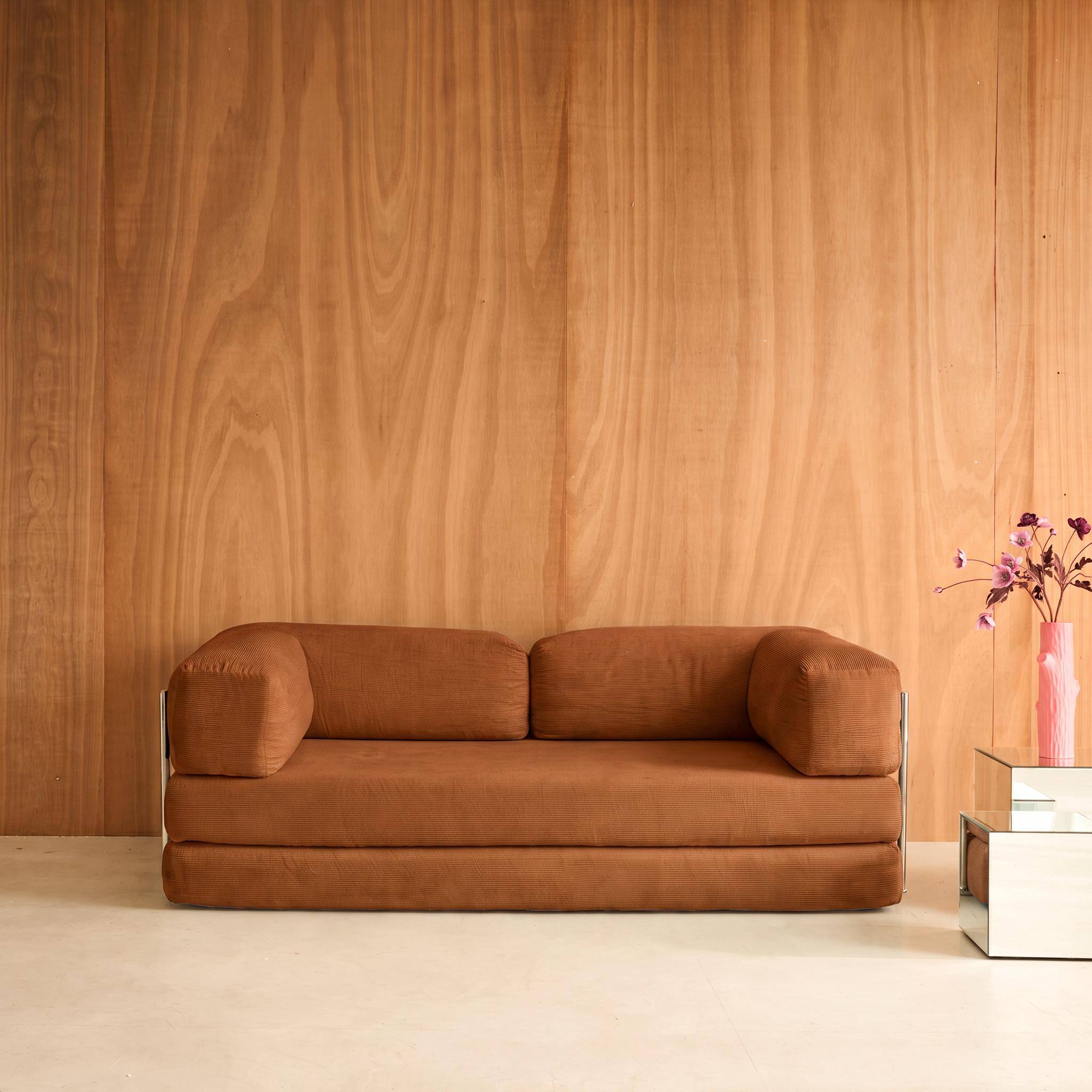 Vintage slaapbank driezits in corduroy met chromen frame terracotta 200x100x72cm - Seventies Photo1