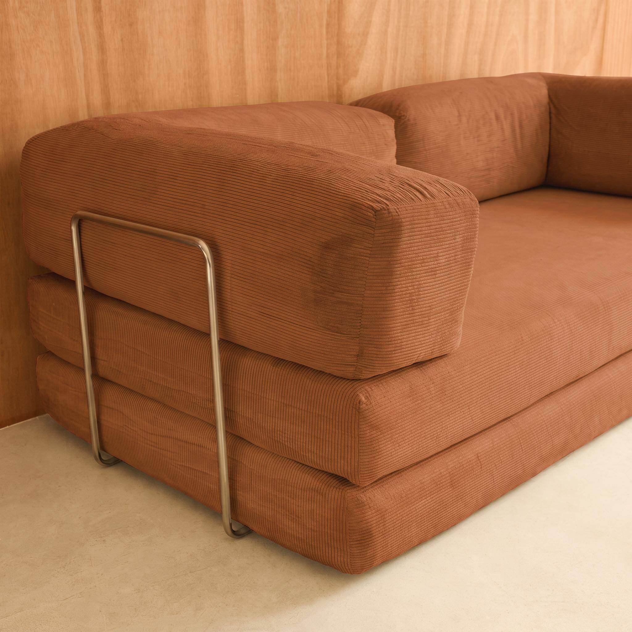 Vintage slaapbank driezits in corduroy met chromen frame terracotta 200x100x72cm - Seventies Photo5