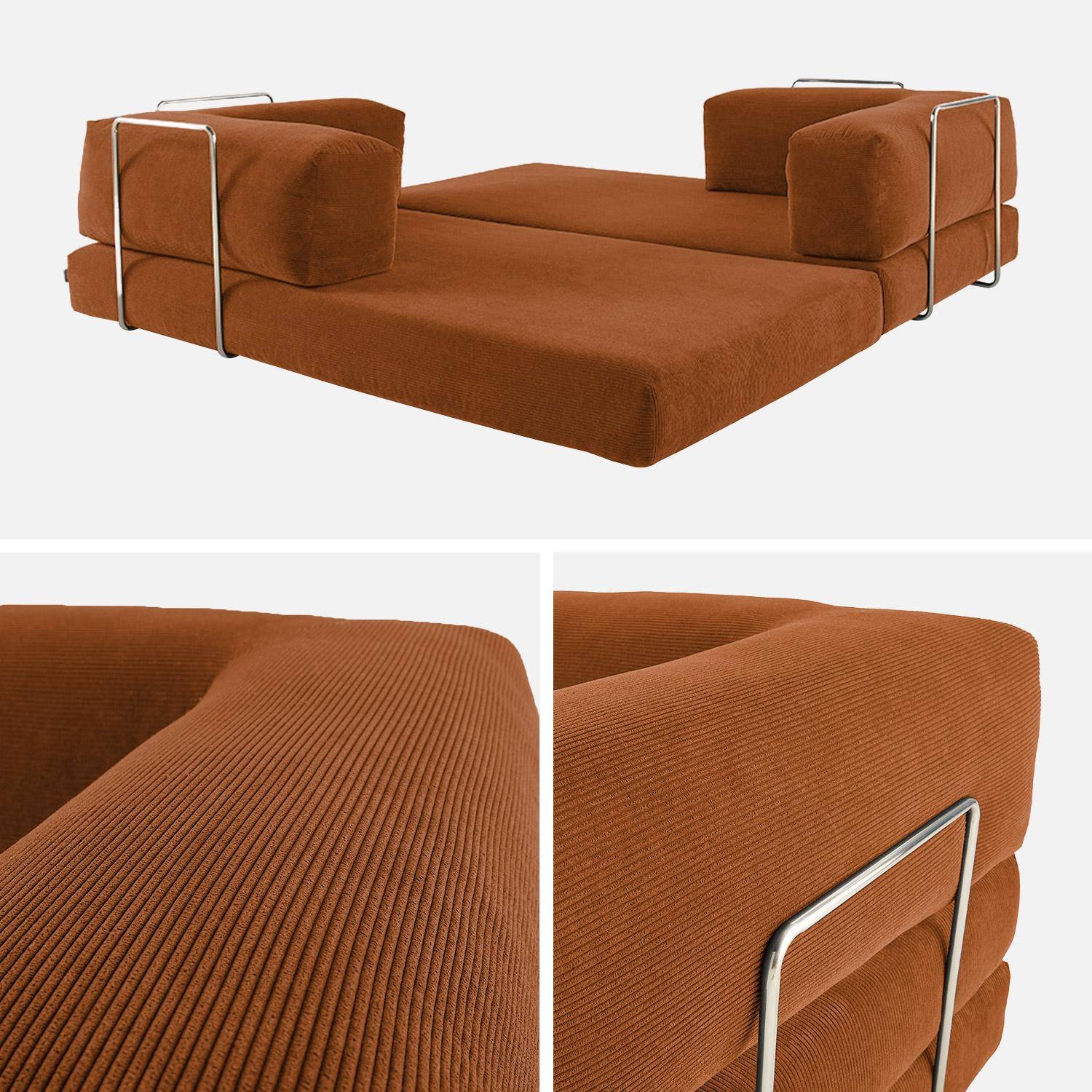 Canapé vintage convertible 3 places en velours côtelé terracotta et armatures chromées L 200 x P 100 x H 72cm - Seventies Photo5