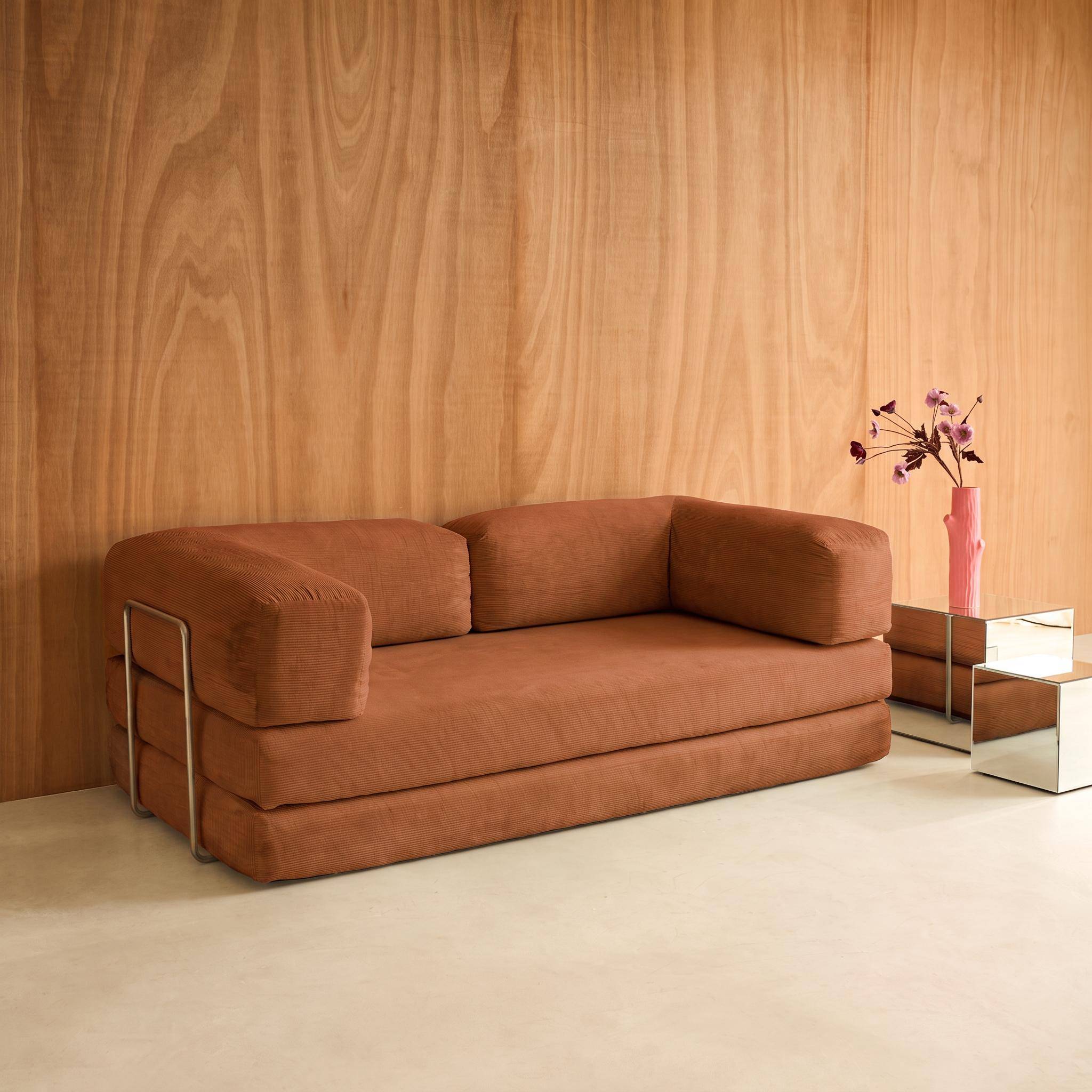 Vintage slaapbank driezits in corduroy met chromen frame terracotta 200x100x72cm - Seventies Photo2