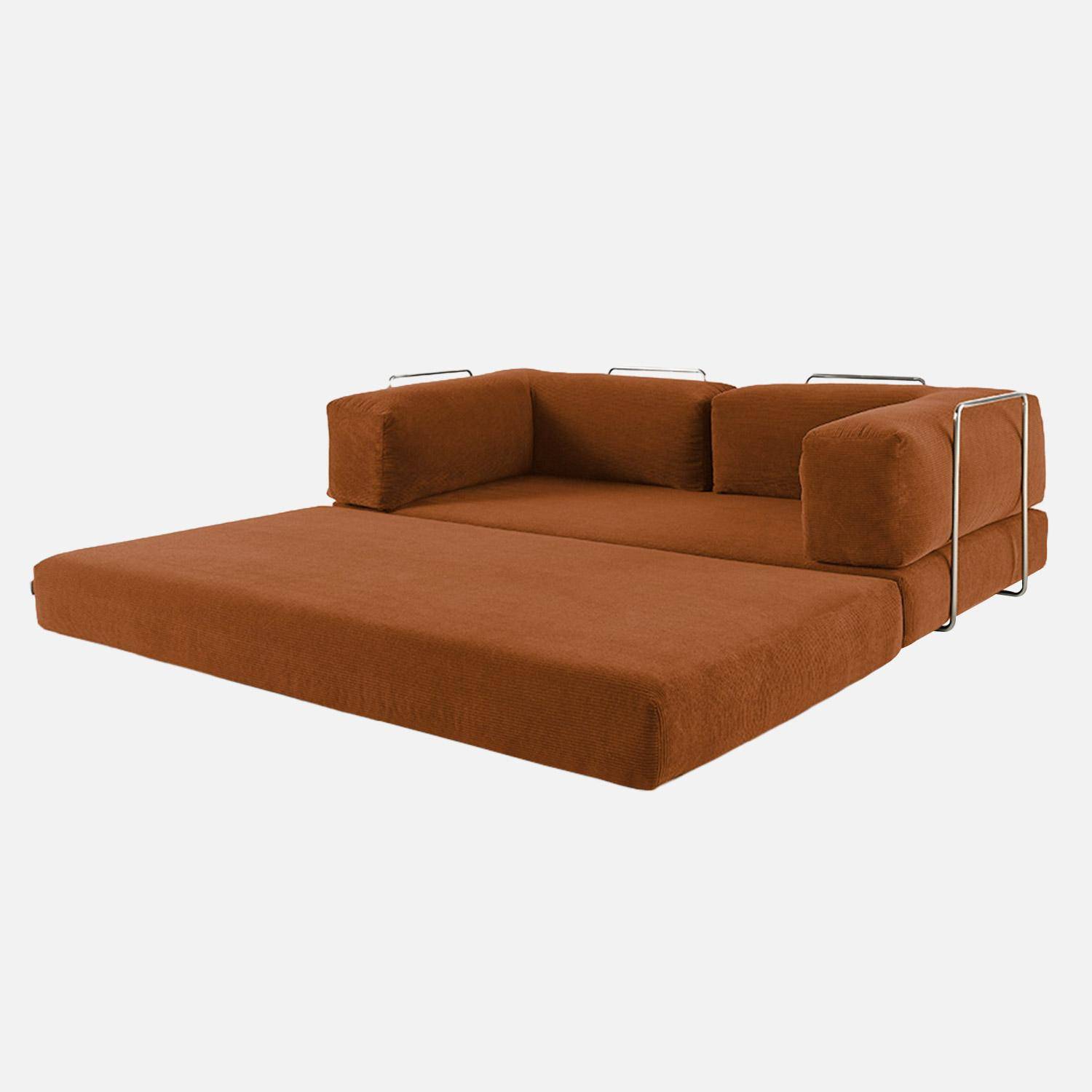 Canapé vintage convertible 3 places en velours côtelé terracotta et armatures chromées L 200 x P 100 x H 72cm - Seventies Photo4