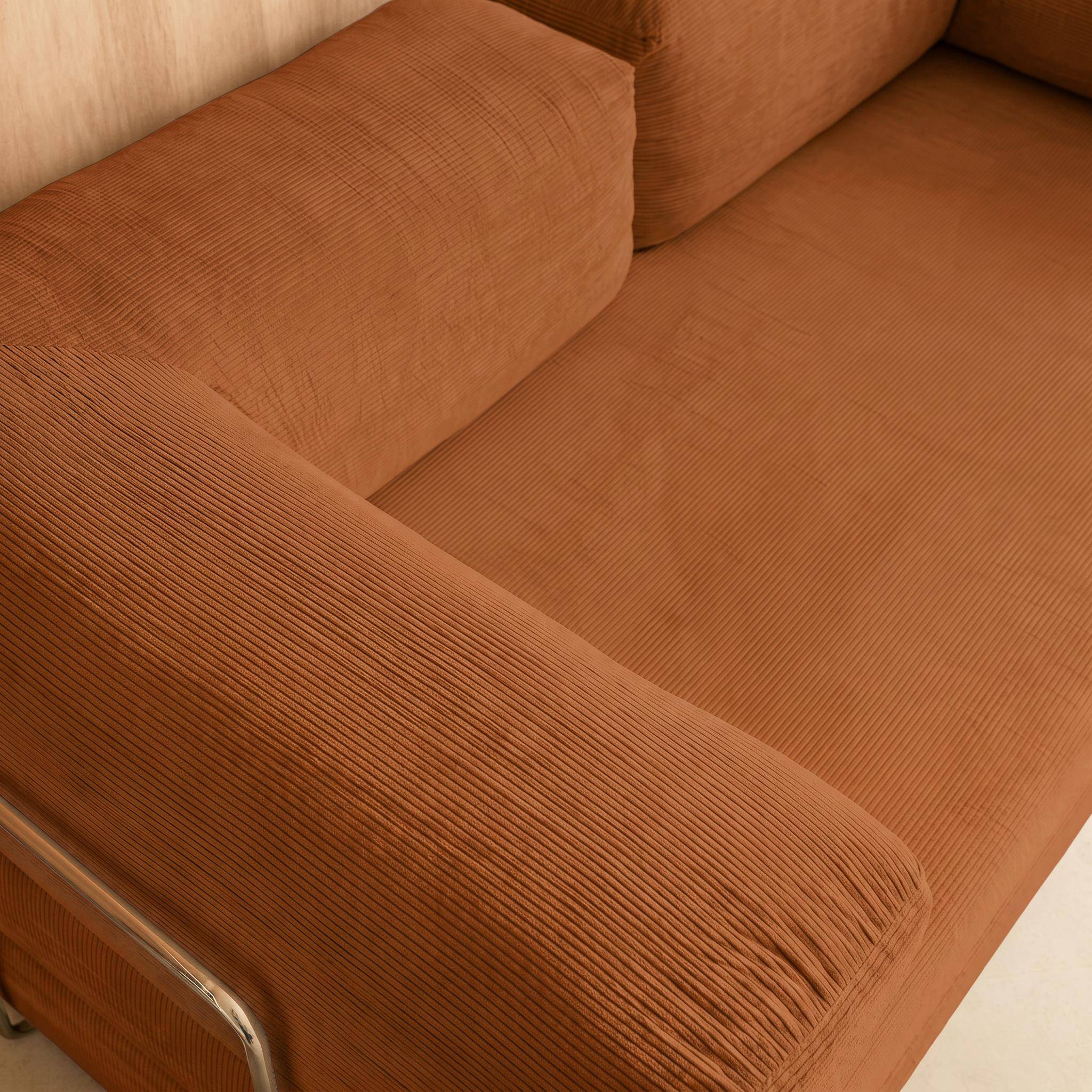 Vintage slaapbank driezits in corduroy met chromen frame terracotta 200x100x72cm - Seventies,sweeek,Photo6