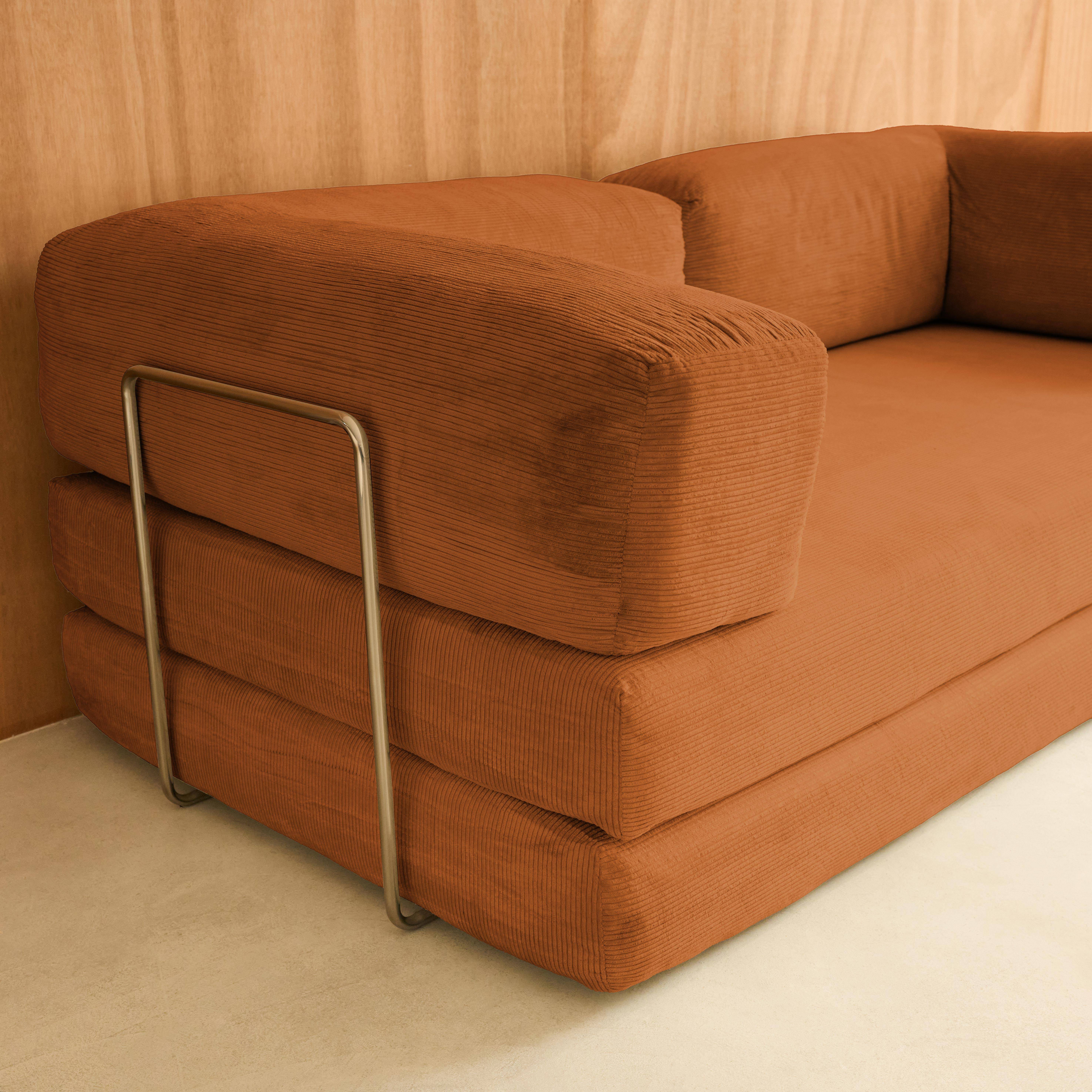 Sofá cama con futón plegable en pana y estructura cromada, 3 plazas, Seventies, Terracotta, 200x100x72 cm,sweeek,Photo4