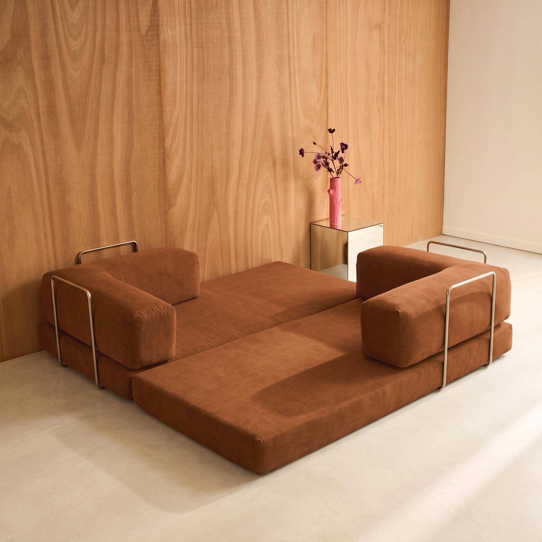 Vintage slaapbank driezits in corduroy met chromen frame terracotta 200x100x72cm - Seventies Photo8