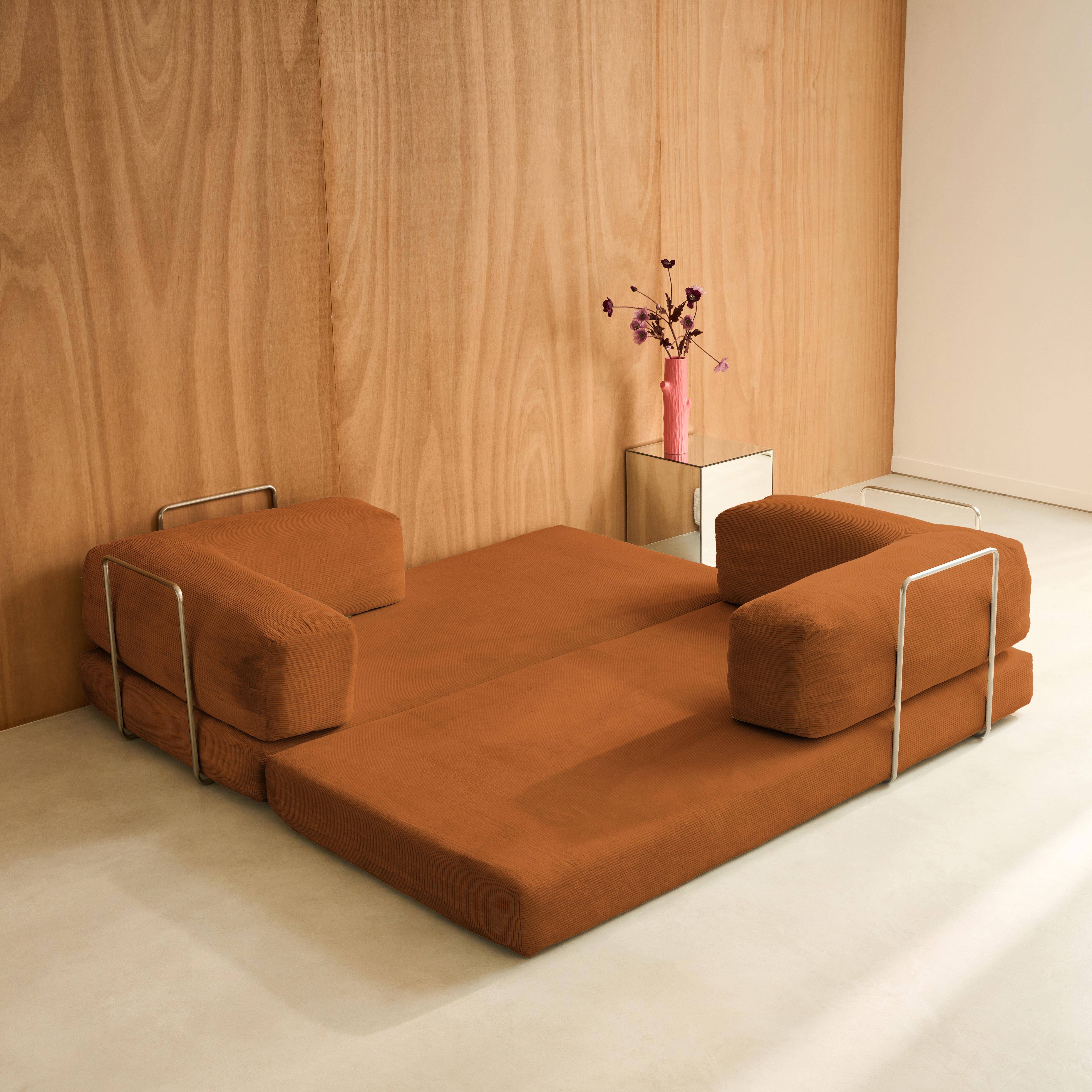 Sofá cama con futón plegable en pana y estructura cromada, 3 plazas, Seventies, Terracotta, 200x100x72 cm Photo7