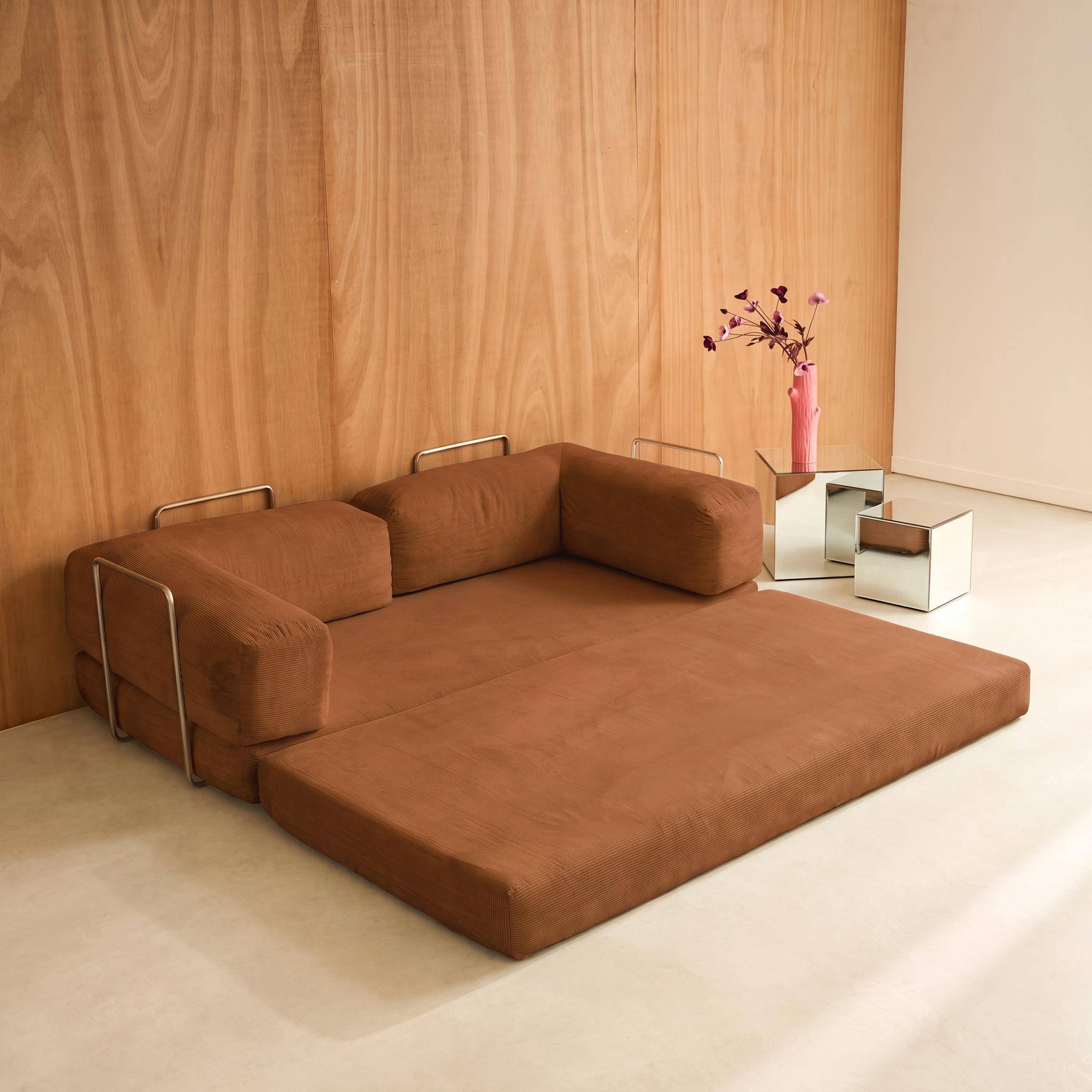 Vintage slaapbank driezits in corduroy met chromen frame terracotta 200x100x72cm - Seventies Photo7