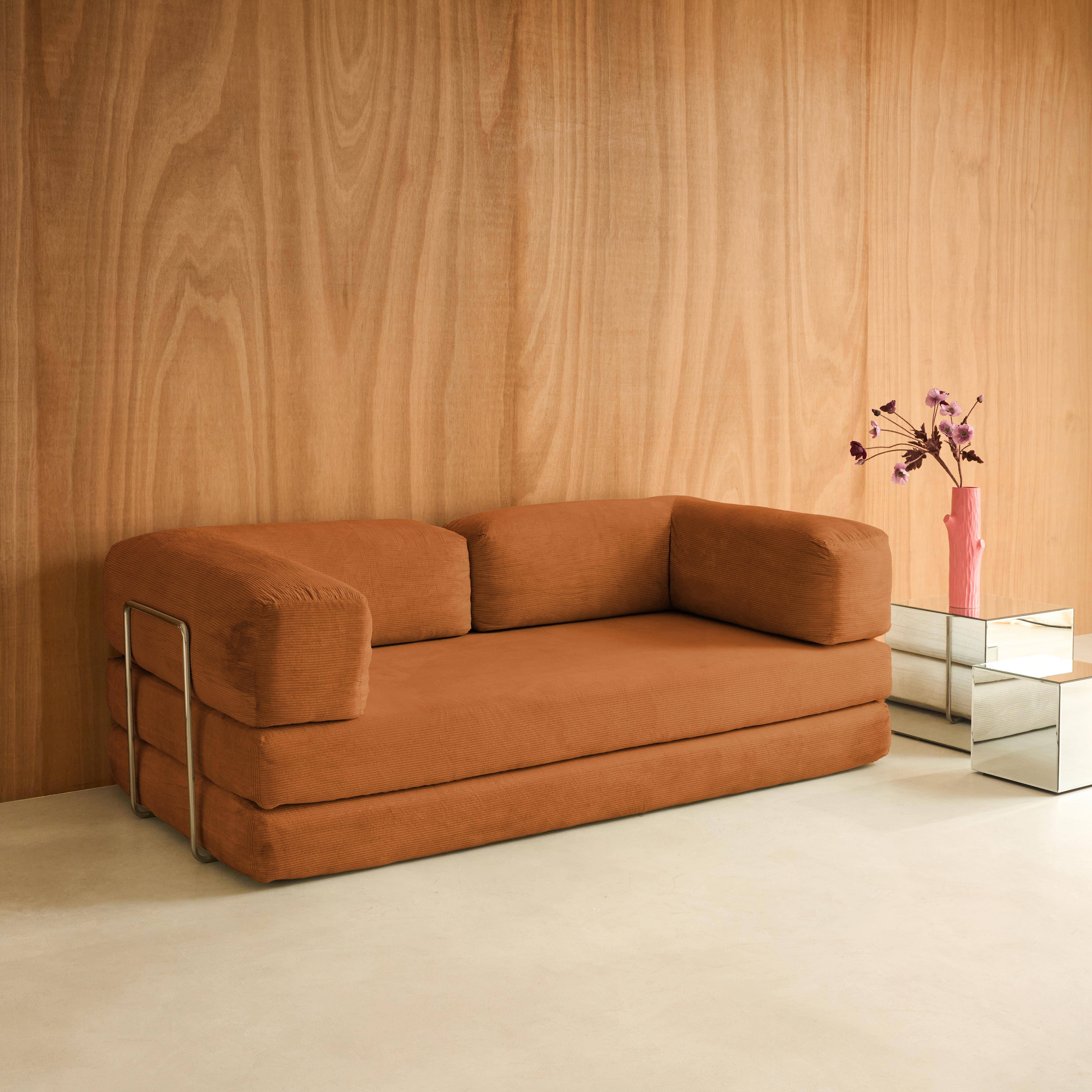 Sofá cama con futón plegable en pana y estructura cromada, 3 plazas, Seventies, Terracotta, 200x100x72 cm,sweeek,Photo1