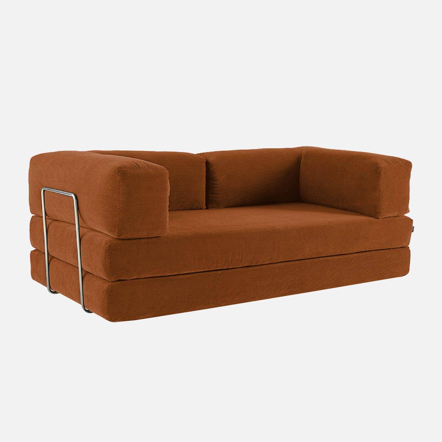 Sofá cama con futón plegable en pana y estructura cromada, 3 plazas, Seventies, Terracotta, 200x100x72 cm,sweeek,Photo9
