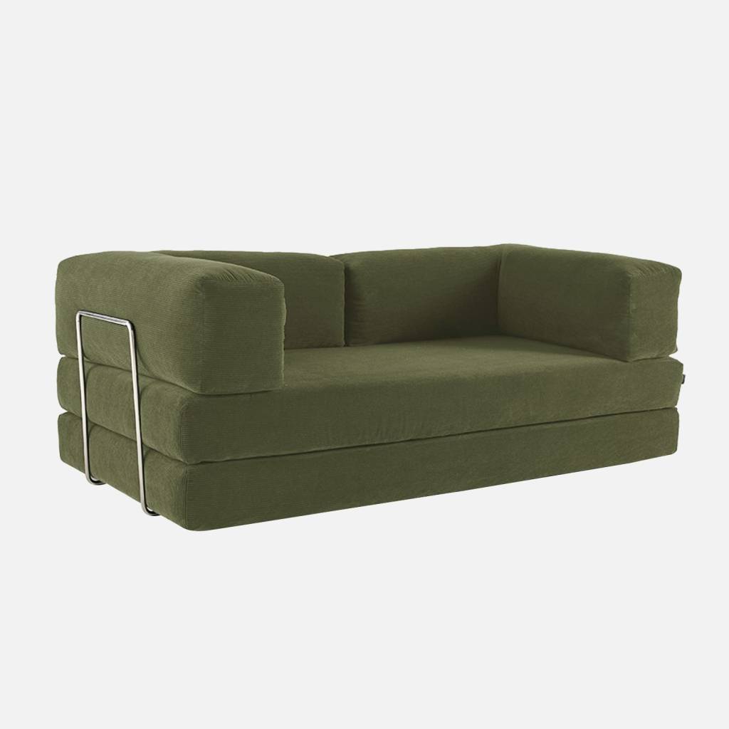 Canapé vintage convertible 3 places velours côtelé kaki et armatures chromées