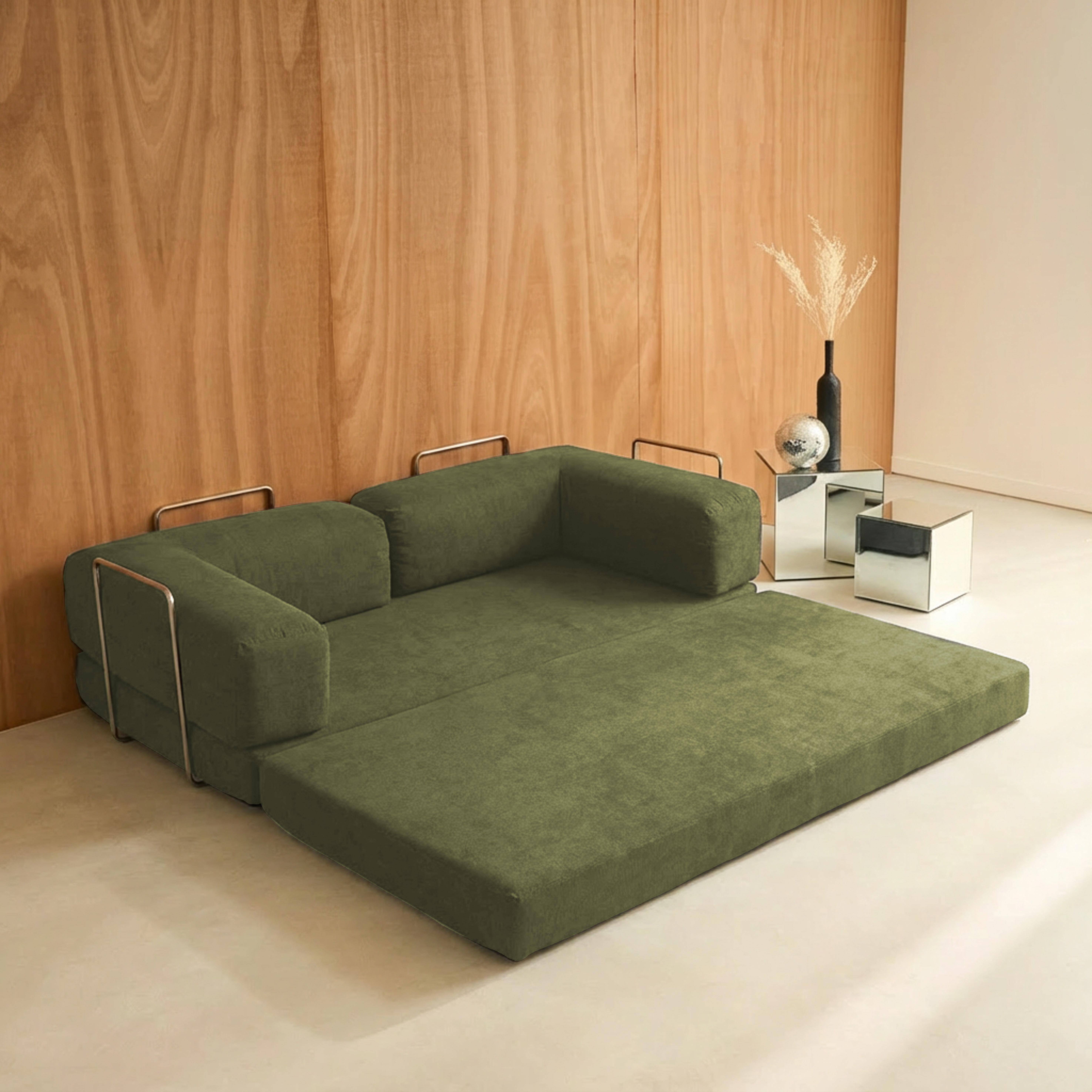 Canapé vintage convertible 3 places en velours côtelé kaki et armatures chromées L 200 x P 100 x H 72cm - Seventies Photo7