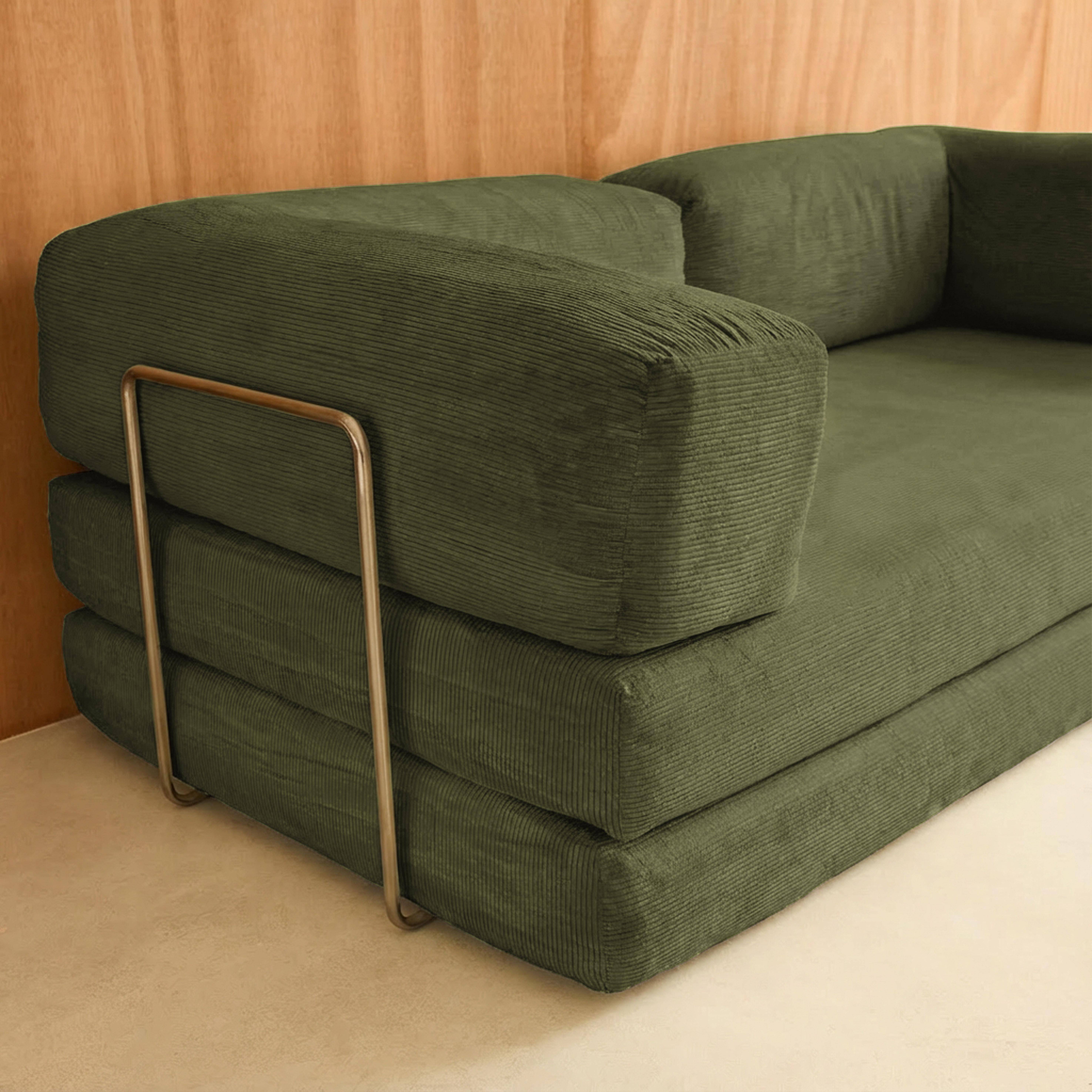 Canapé vintage convertible 3 places en velours côtelé kaki et armatures chromées L 200 x P 100 x H 72cm - Seventies Photo5