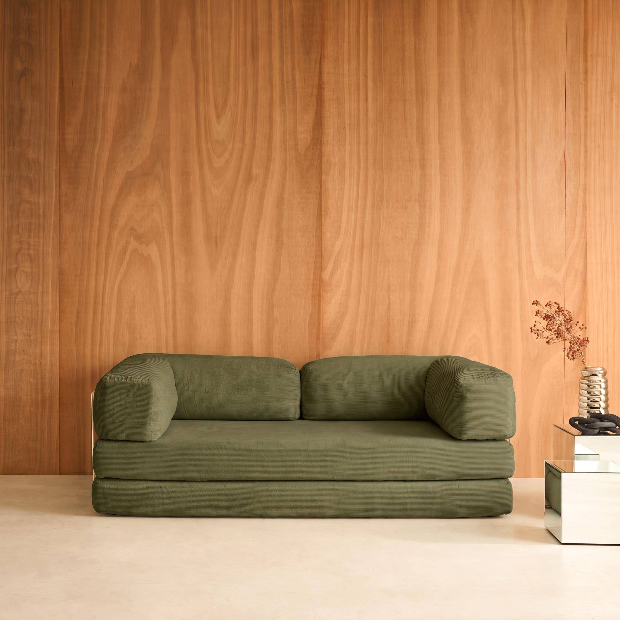Vintage slaapbank driezits in corduroy met chromen frame kaki 200x100x72cm - Seventies Photo1