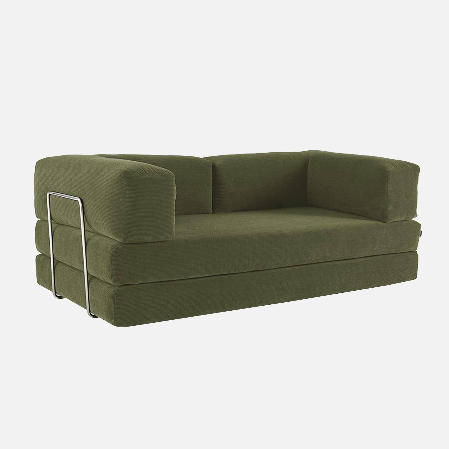 Canapé vintage convertible 3 places en velours côtelé kaki et armatures chromées L 200 x P 100 x H 72cm - Seventies Photo1