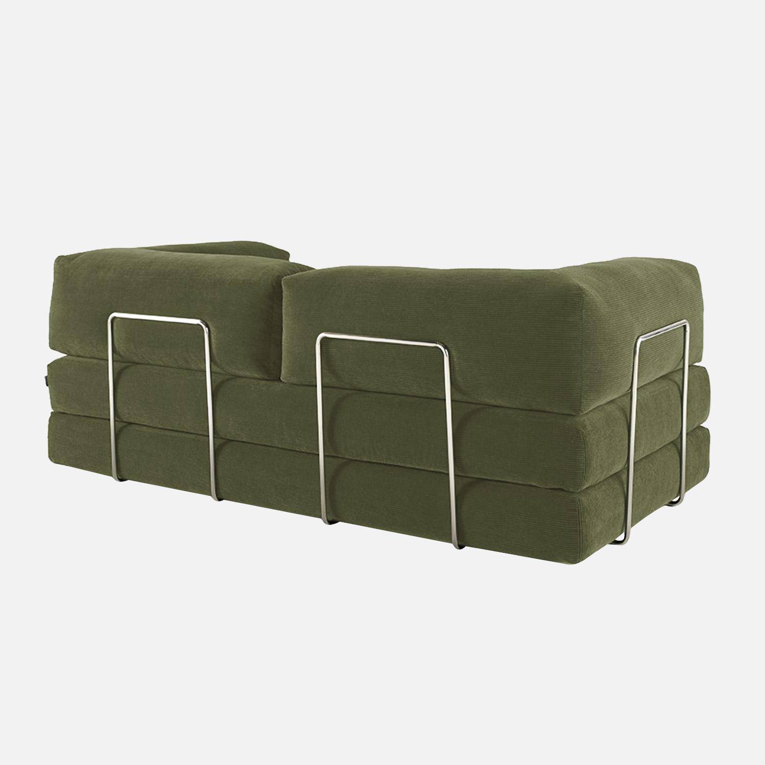 Canapé vintage convertible 3 places en velours côtelé kaki et armatures chromées L 200 x P 100 x H 72cm - Seventies Photo3