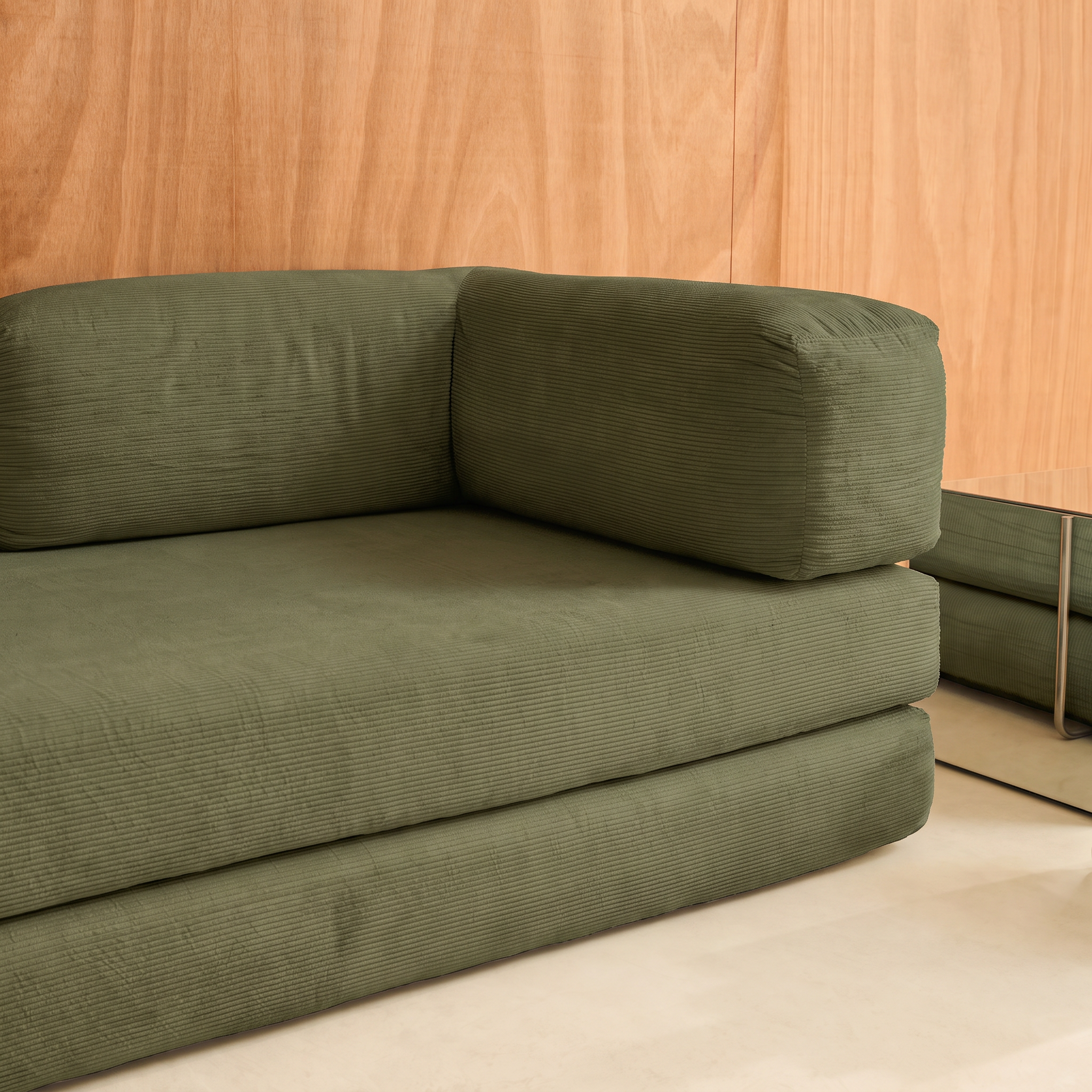 Vintage slaapbank driezits in corduroy met chromen frame kaki 200x100x72cm - Seventies Photo9
