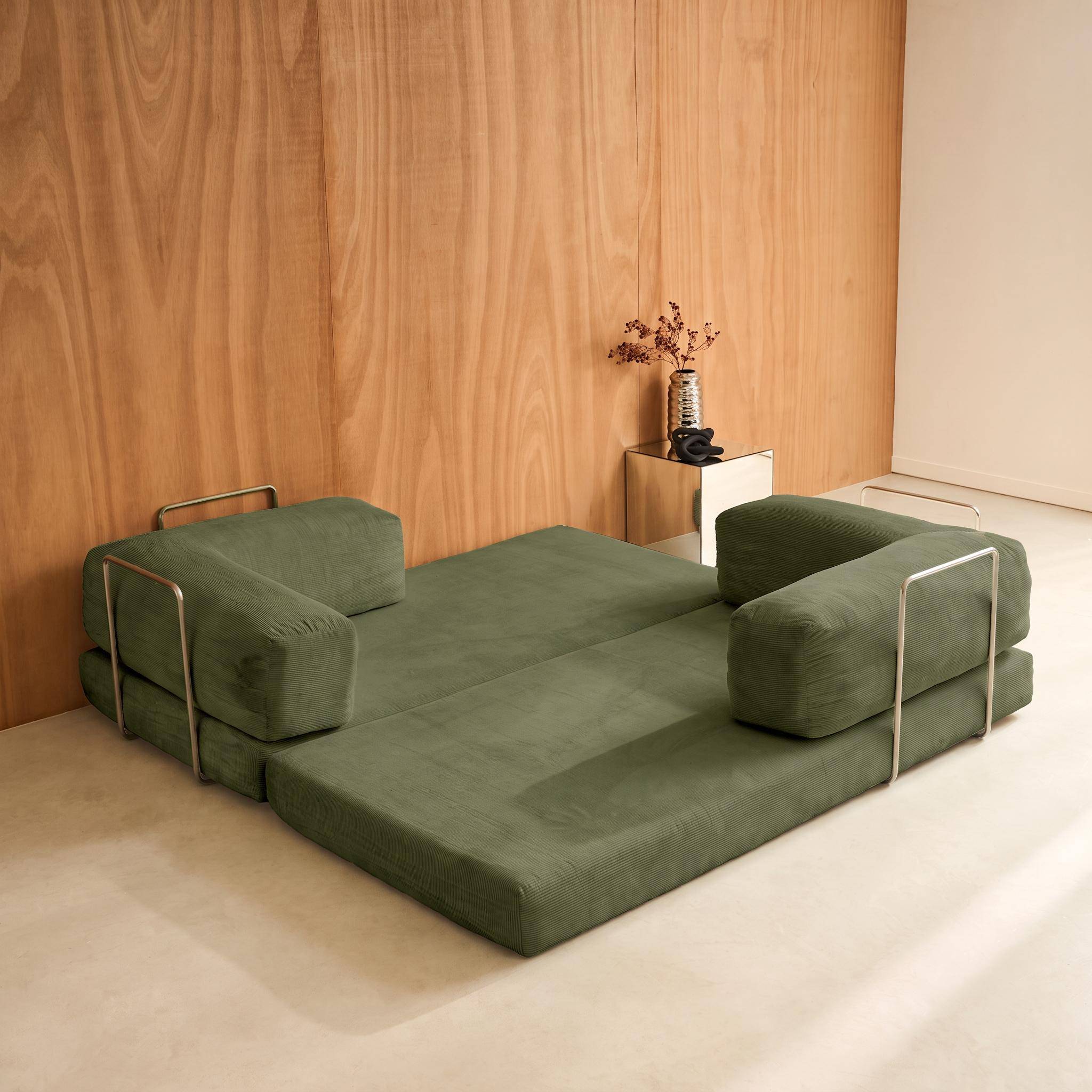 Vintage slaapbank driezits in corduroy met chromen frame kaki 200x100x72cm - Seventies Photo8