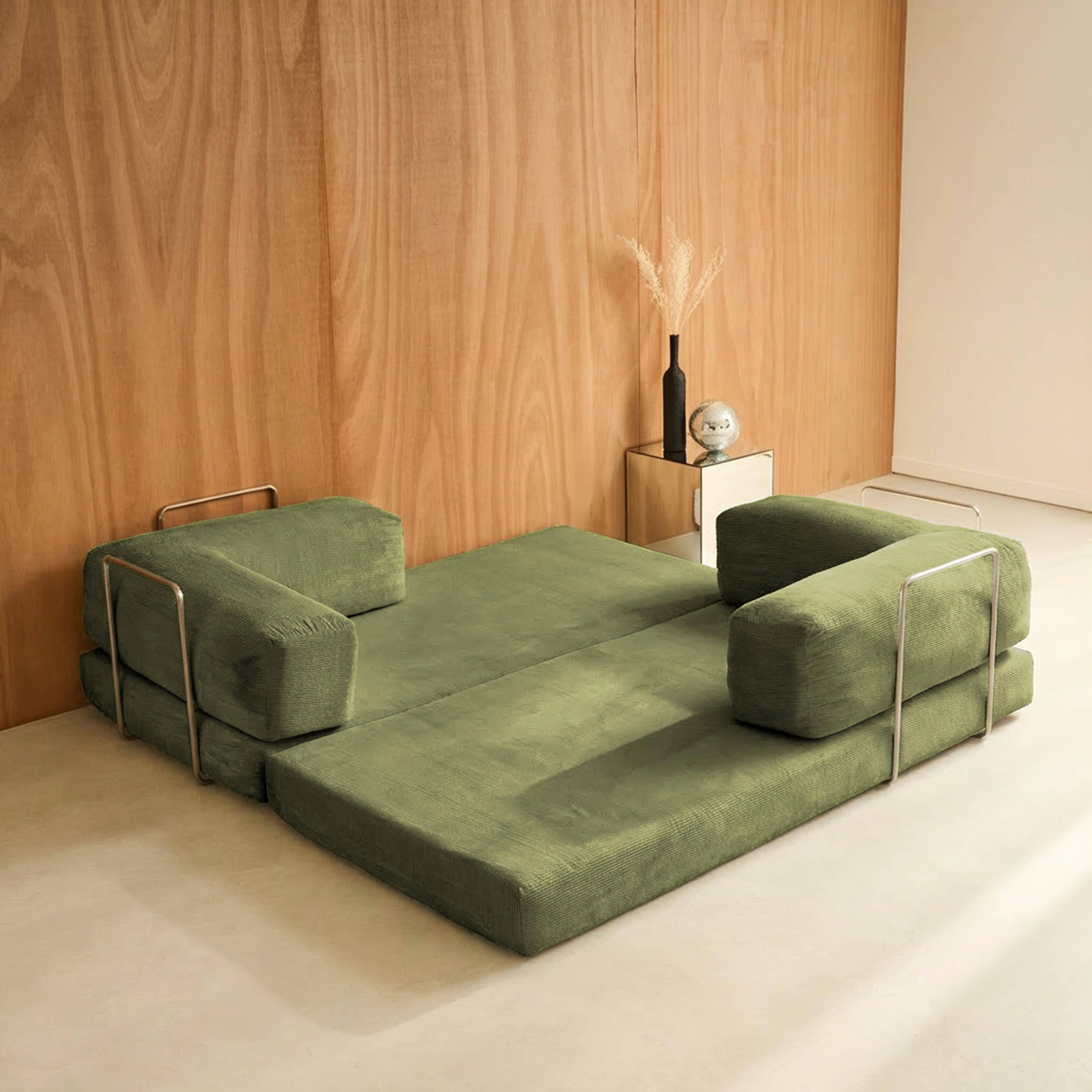 Canapé vintage convertible 3 places en velours côtelé kaki et armatures chromées L 200 x P 100 x H 72cm - Seventies Photo8