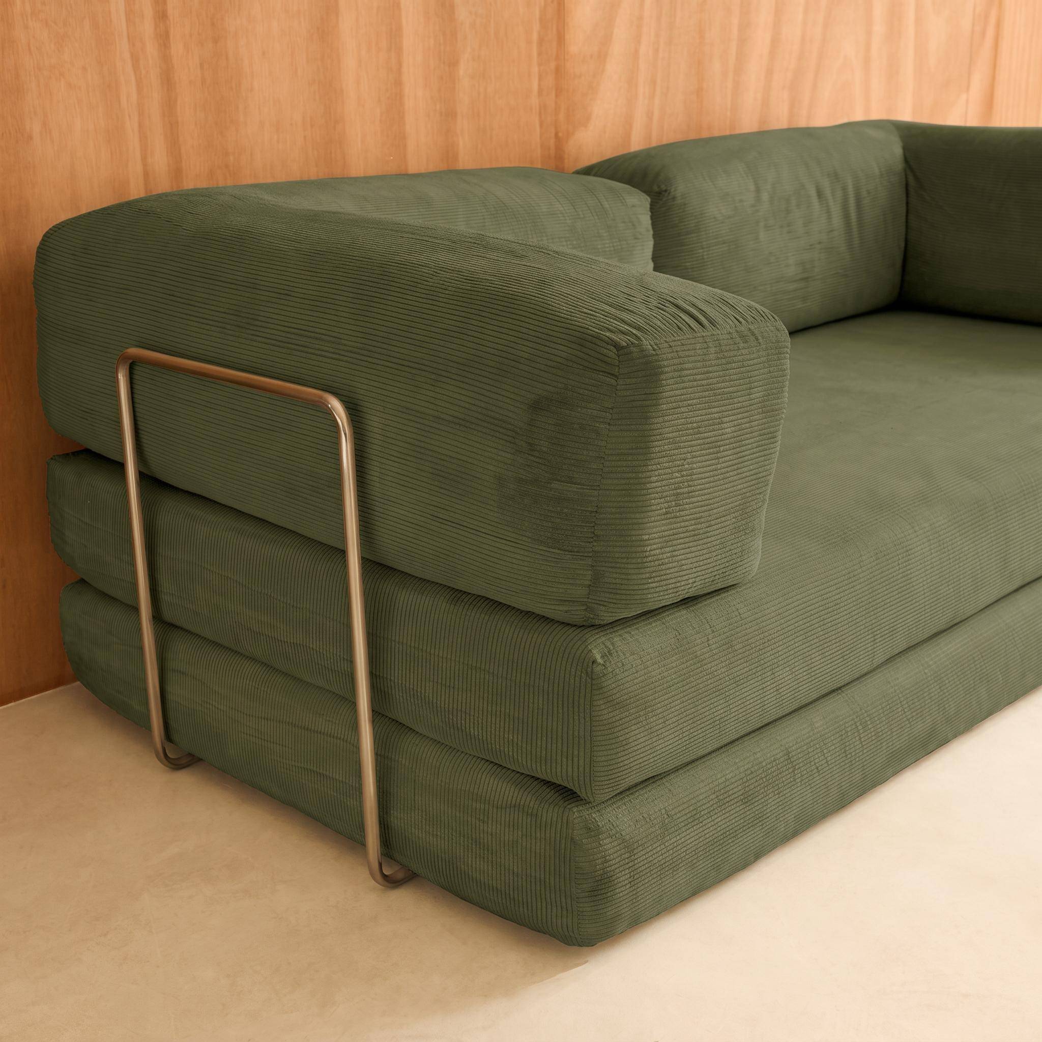 Vintage slaapbank driezits in corduroy met chromen frame kaki 200x100x72cm - Seventies Photo5