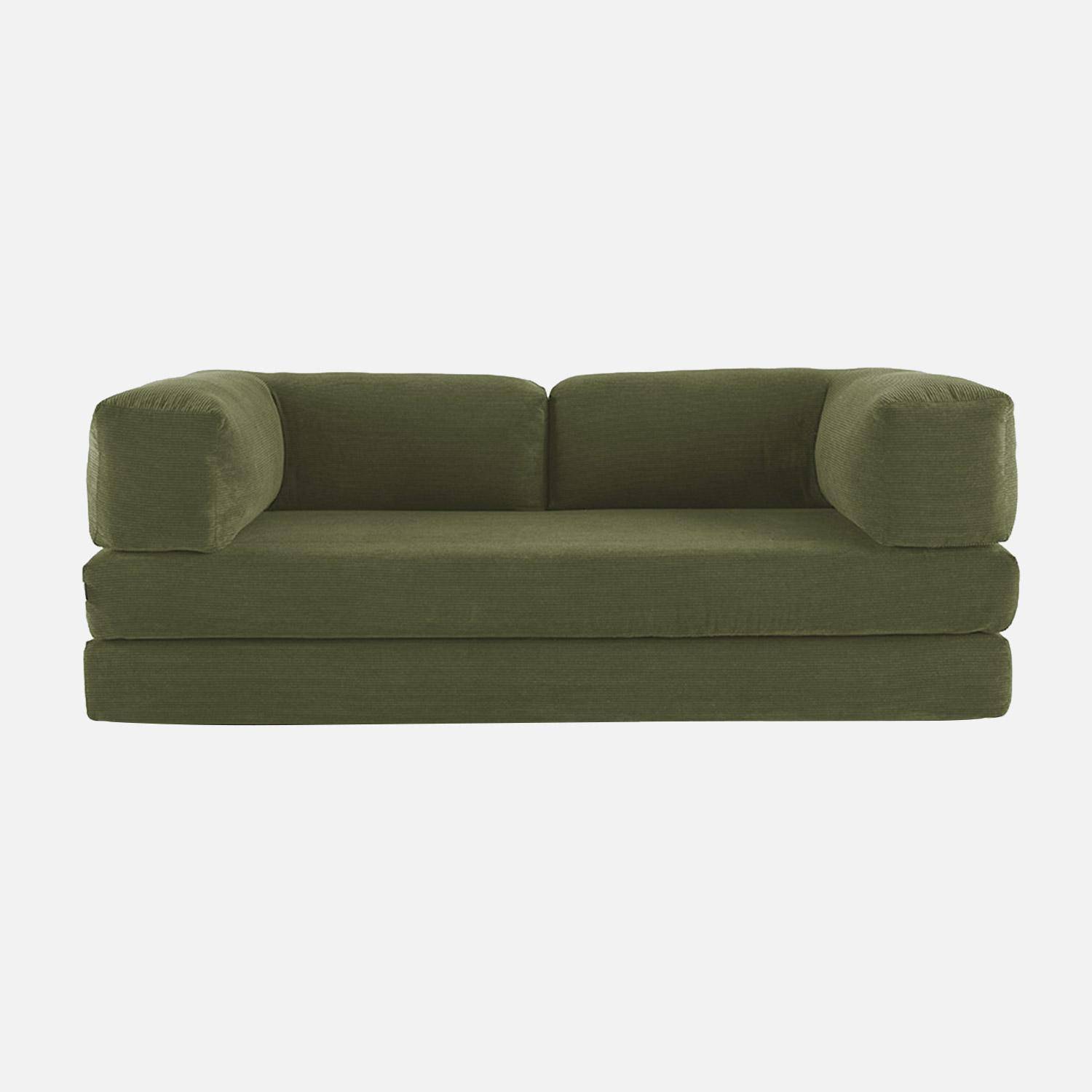 Canapé vintage convertible 3 places en velours côtelé kaki et armatures chromées L 200 x P 100 x H 72cm - Seventies,sweeek,Photo2