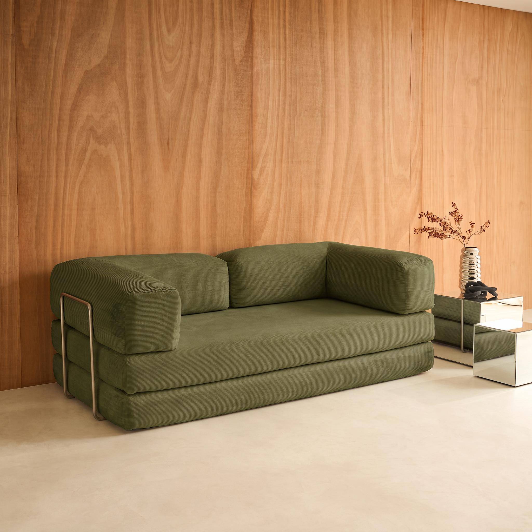 Vintage slaapbank driezits in corduroy met chromen frame kaki 200x100x72cm - Seventies,sweeek,Photo2