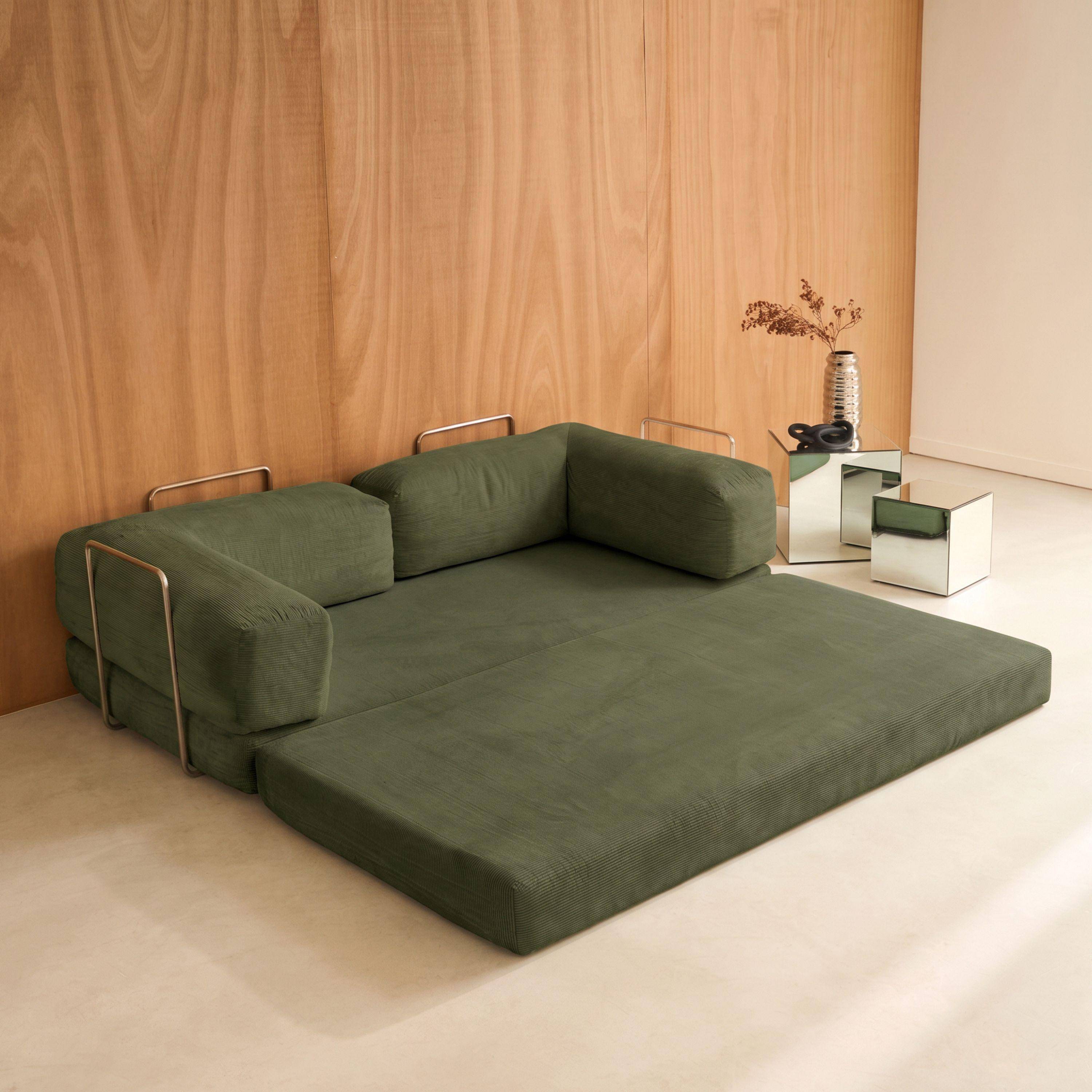 Vintage slaapbank driezits in corduroy met chromen frame kaki 200x100x72cm - Seventies Photo7