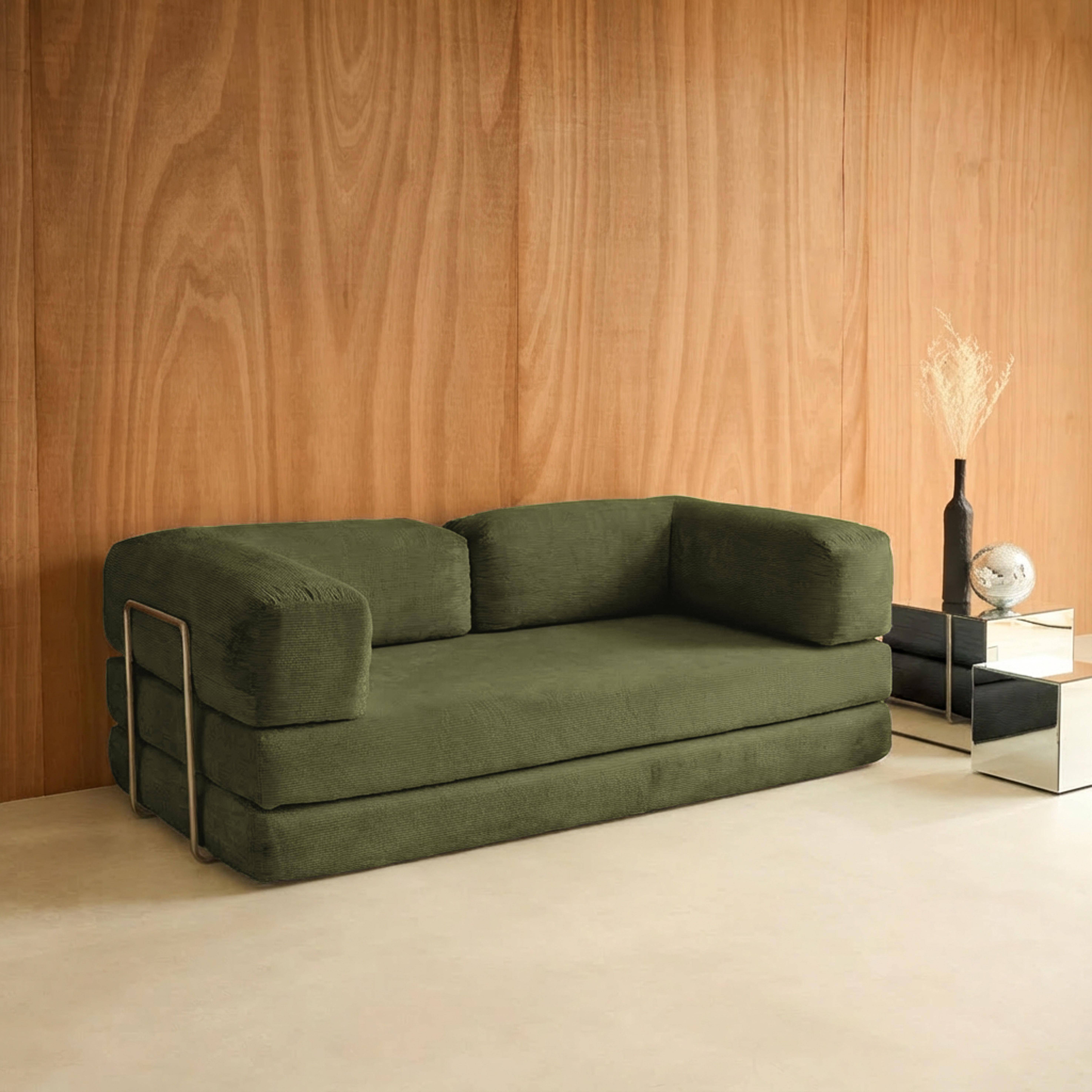 Canapé vintage convertible 3 places en velours côtelé kaki et armatures chromées L 200 x P 100 x H 72cm - Seventies Photo2