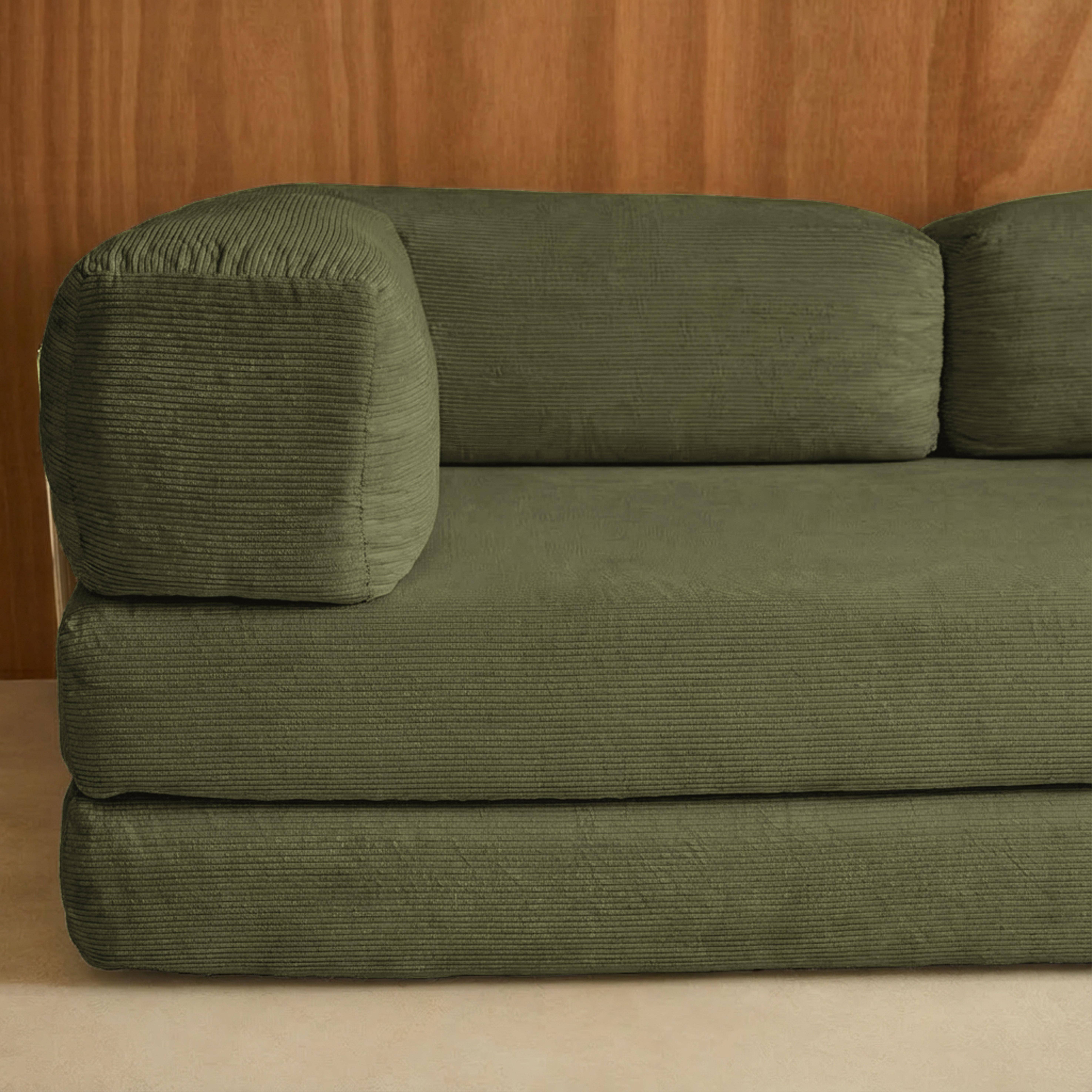 Canapé vintage convertible 3 places en velours côtelé kaki et armatures chromées L 200 x P 100 x H 72cm - Seventies Photo4