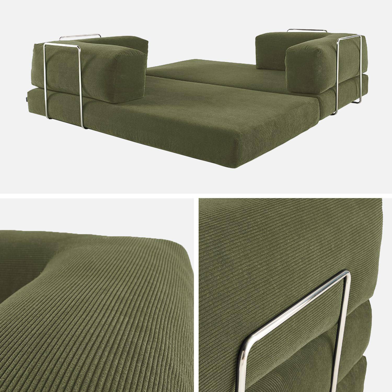Canapé vintage convertible 3 places en velours côtelé kaki et armatures chromées L 200 x P 100 x H 72cm - Seventies,sweeek,Photo5