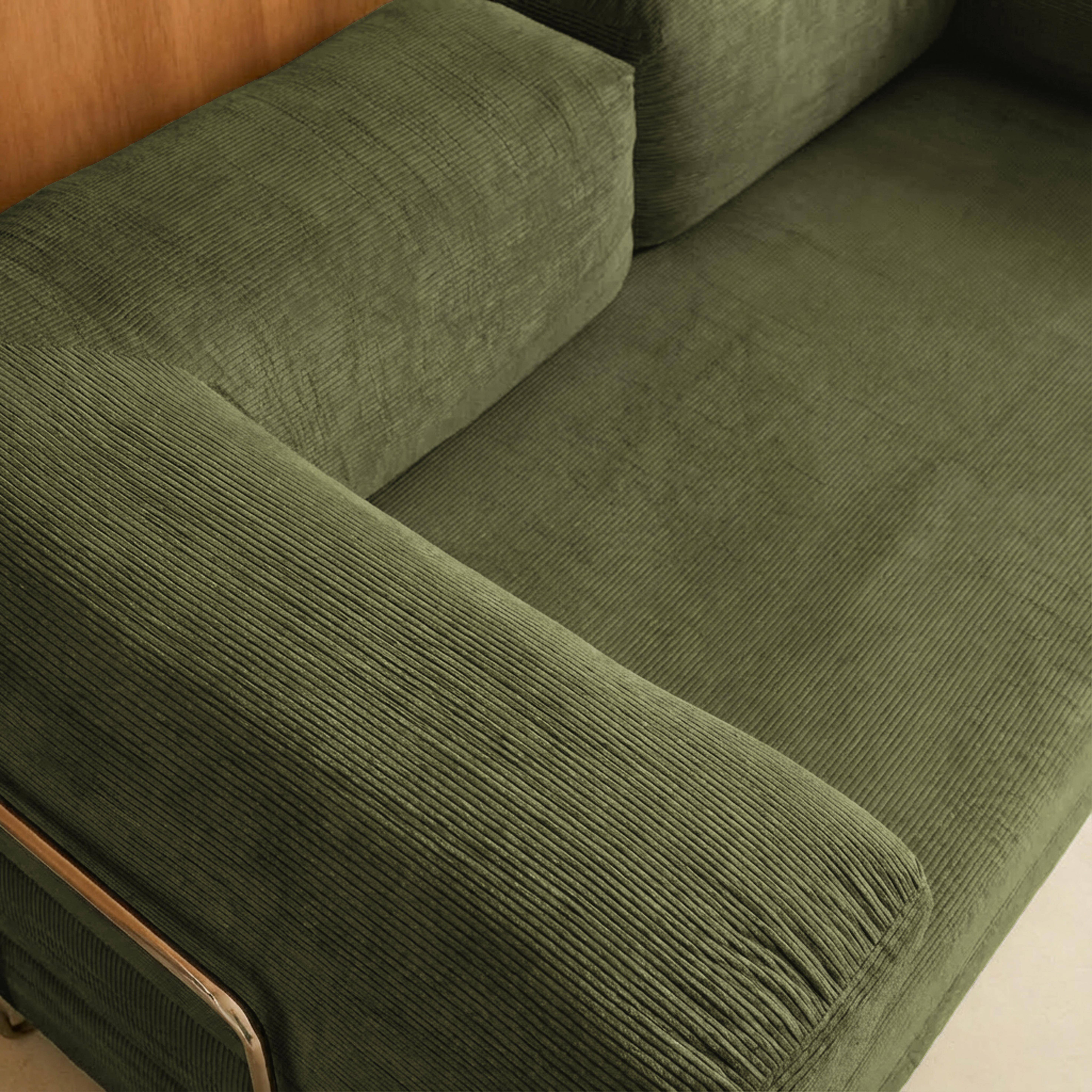 Canapé vintage convertible 3 places en velours côtelé kaki et armatures chromées L 200 x P 100 x H 72cm - Seventies Photo6