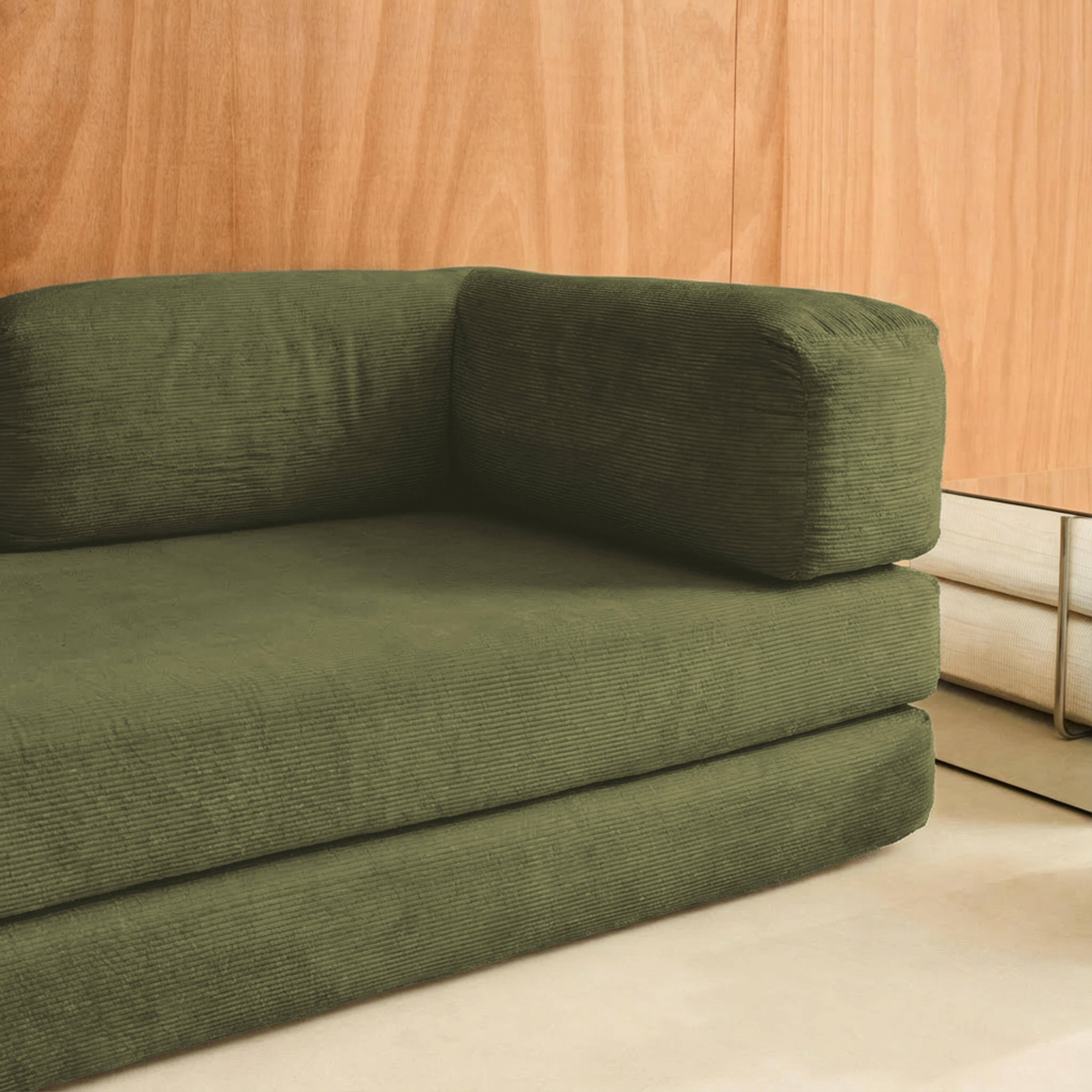 Canapé vintage convertible 3 places en velours côtelé kaki et armatures chromées L 200 x P 100 x H 72cm - Seventies Photo9