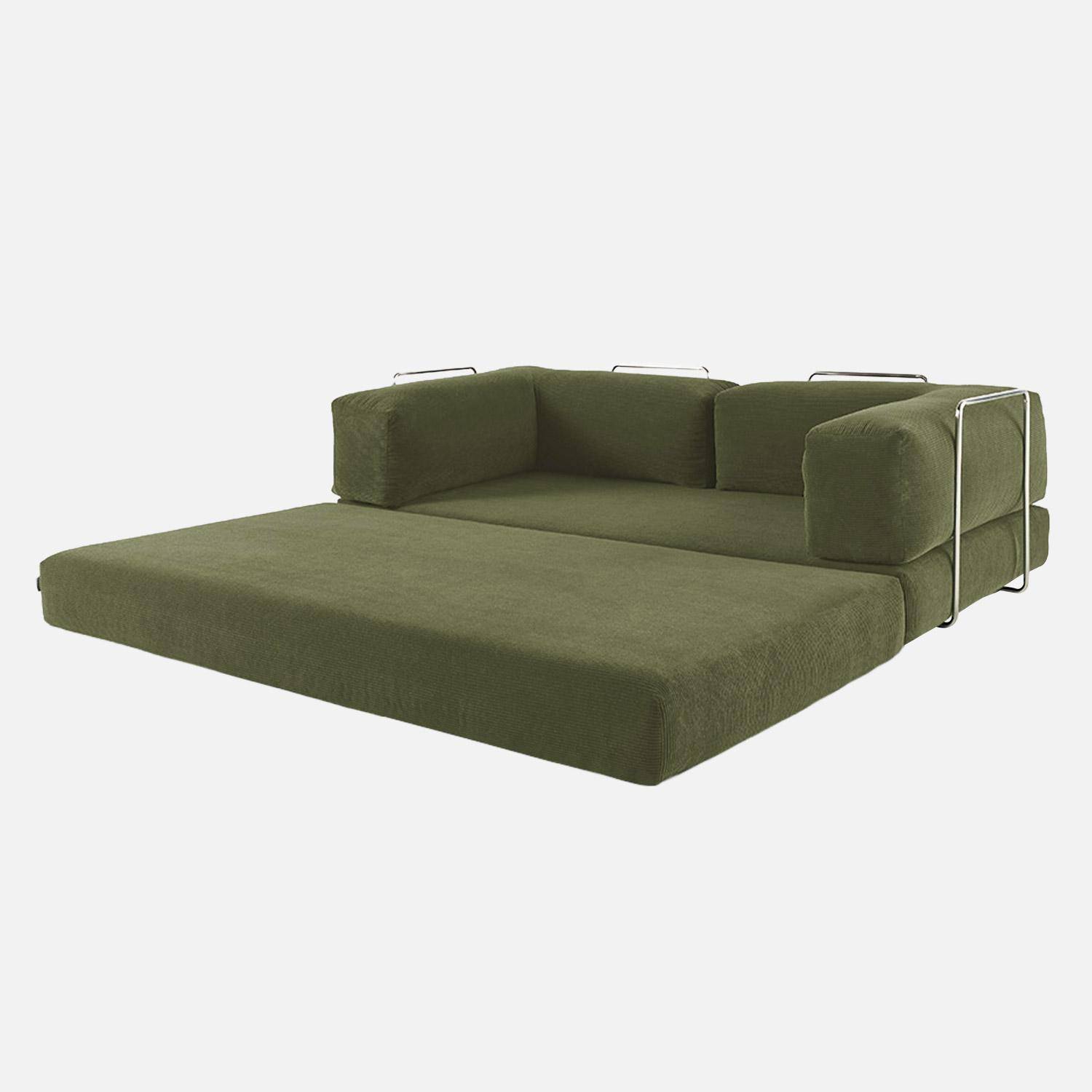 Canapé vintage convertible 3 places en velours côtelé kaki et armatures chromées L 200 x P 100 x H 72cm - Seventies Photo4