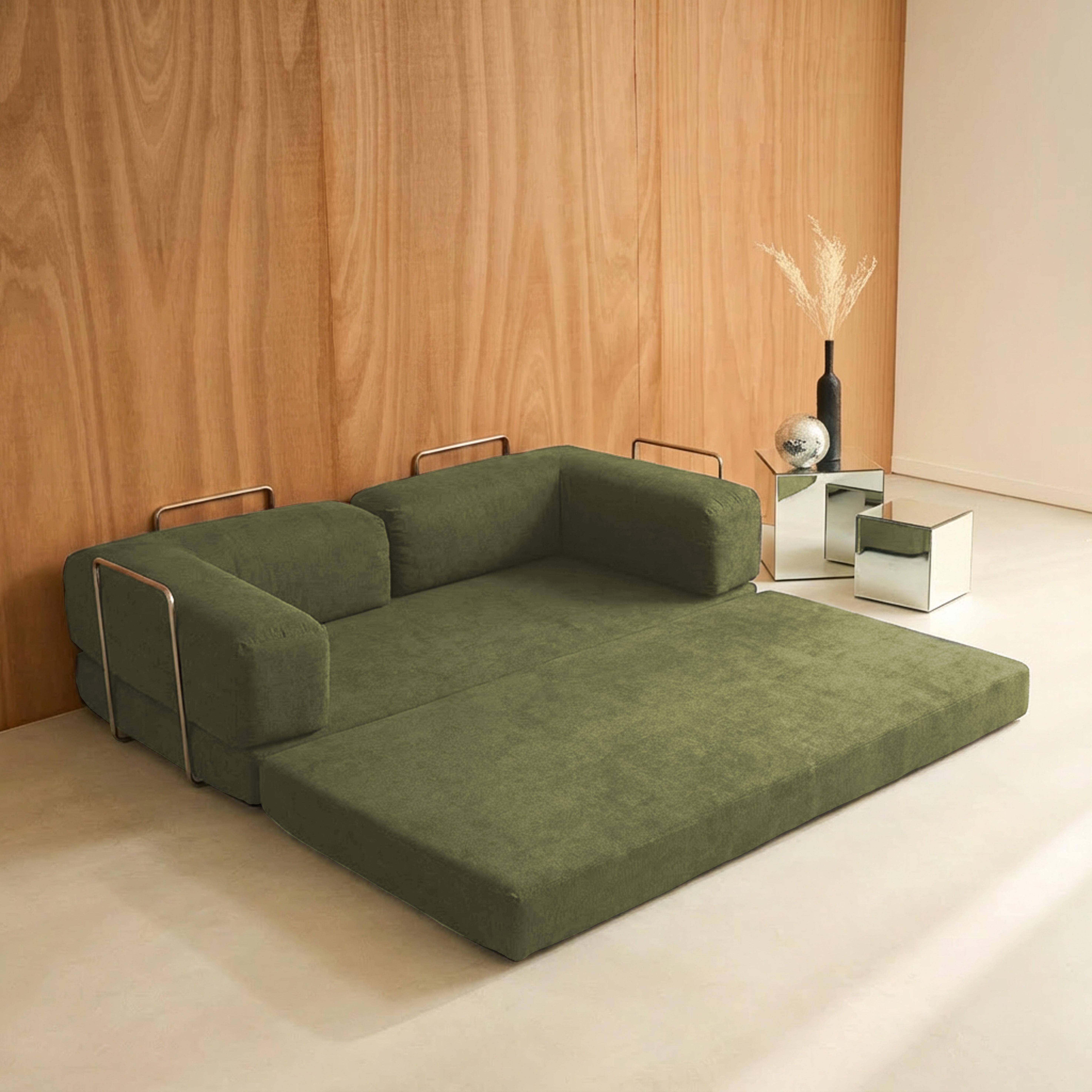 3-Sitzer-Schlafsofa im Vintage-Stil mit Cordbezug khaki und Außengestell - Seventies Photo6