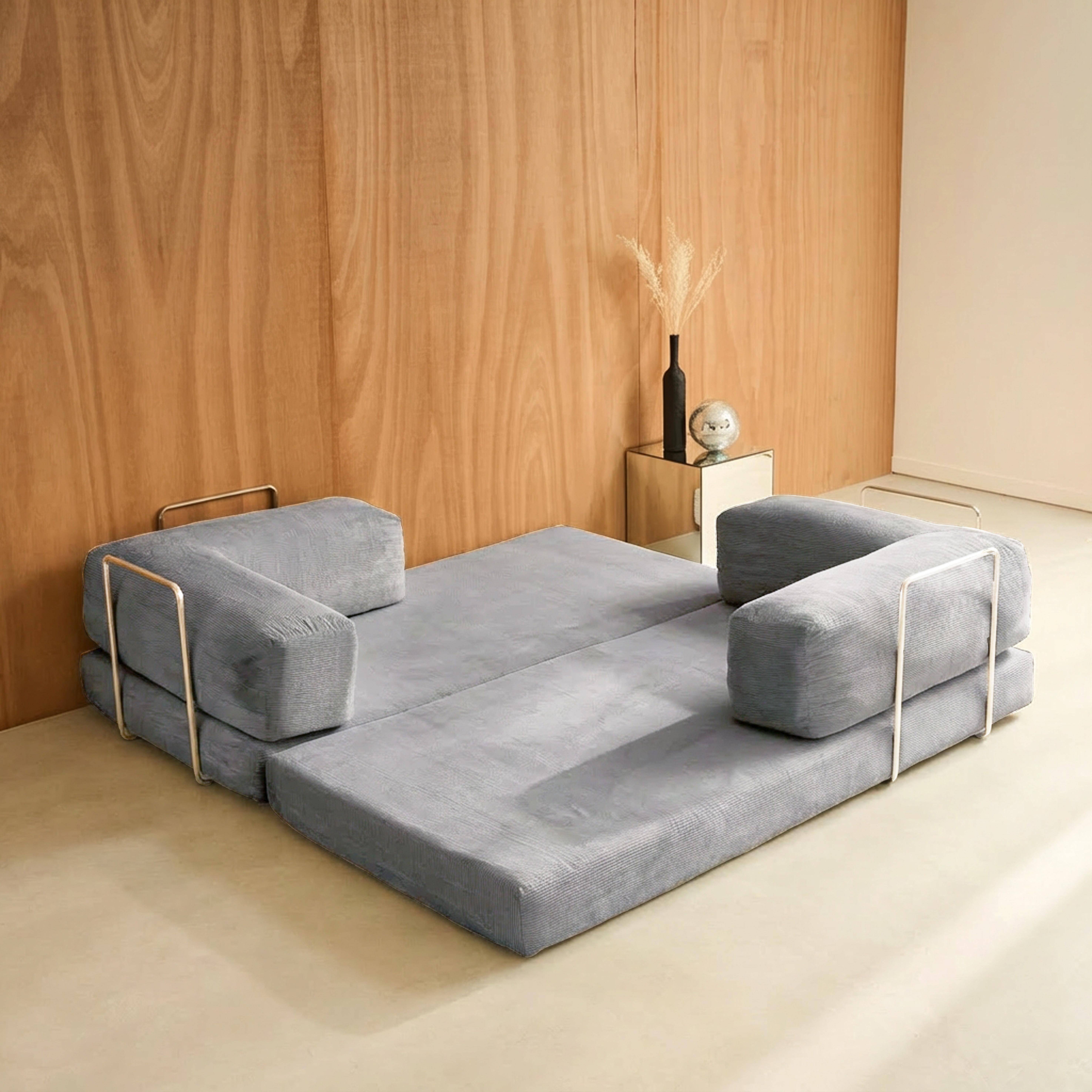 Canapé vintage convertible 3 places en velours côtelé gris clair et armatures chromées L 200 x P 100 x H 72cm - Seventies Photo8