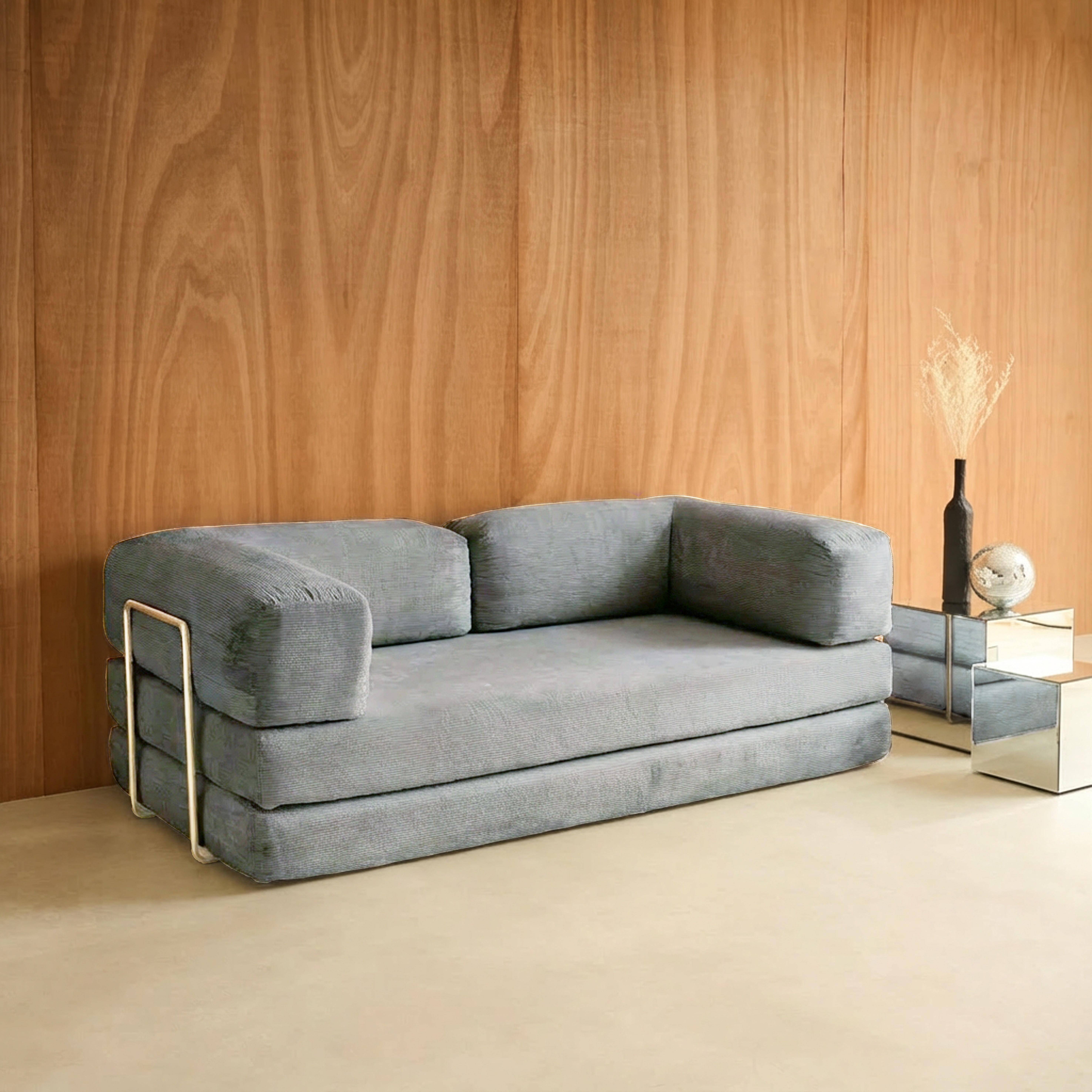 Canapé vintage convertible 3 places en velours côtelé gris clair et armatures chromées L 200 x P 100 x H 72cm - Seventies Photo2