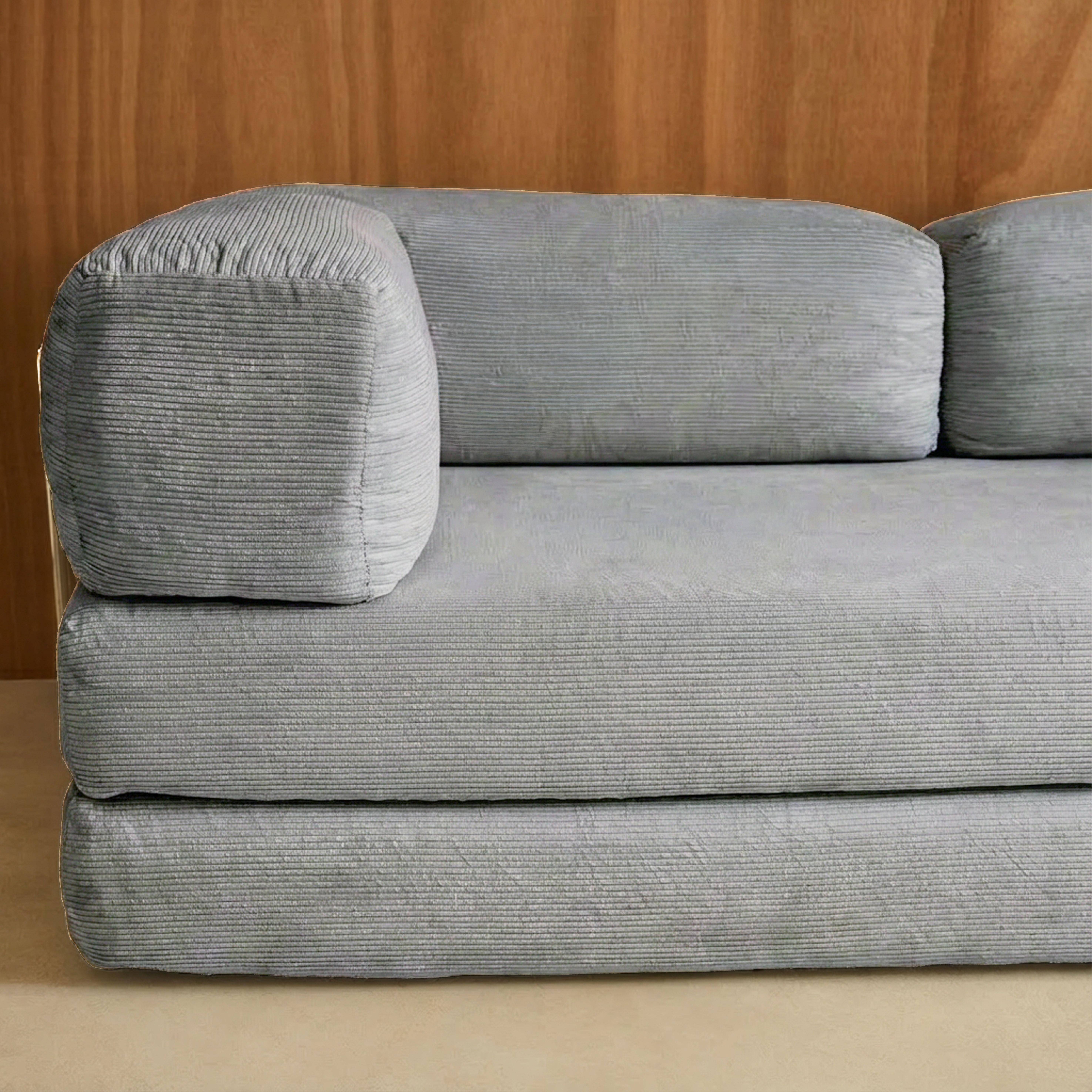 Canapé vintage convertible 3 places en velours côtelé gris clair et armatures chromées L 200 x P 100 x H 72cm - Seventies,sweeek,Photo4