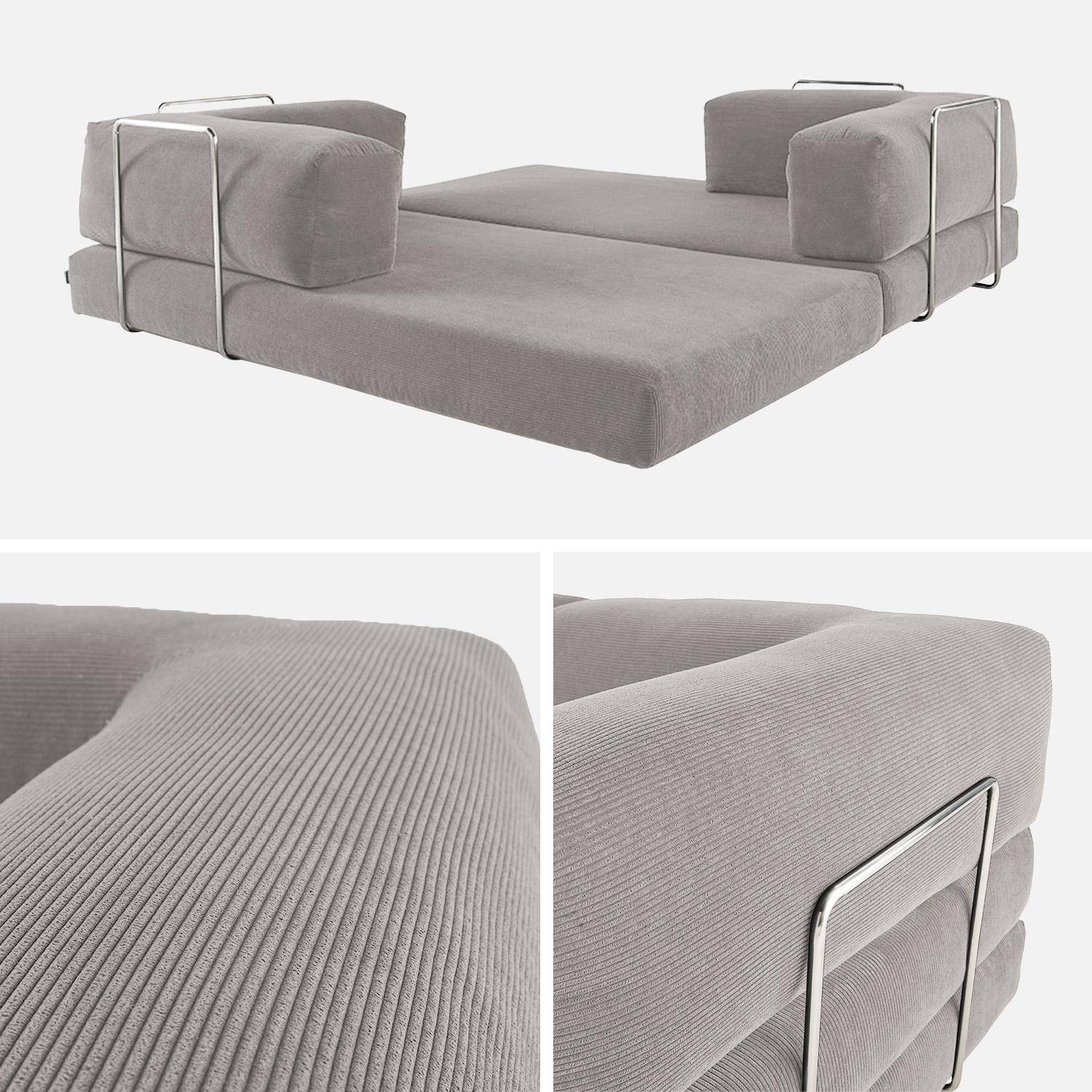 Canapé vintage convertible 3 places en velours côtelé gris clair et armatures chromées L 200 x P 100 x H 72cm - Seventies Photo5