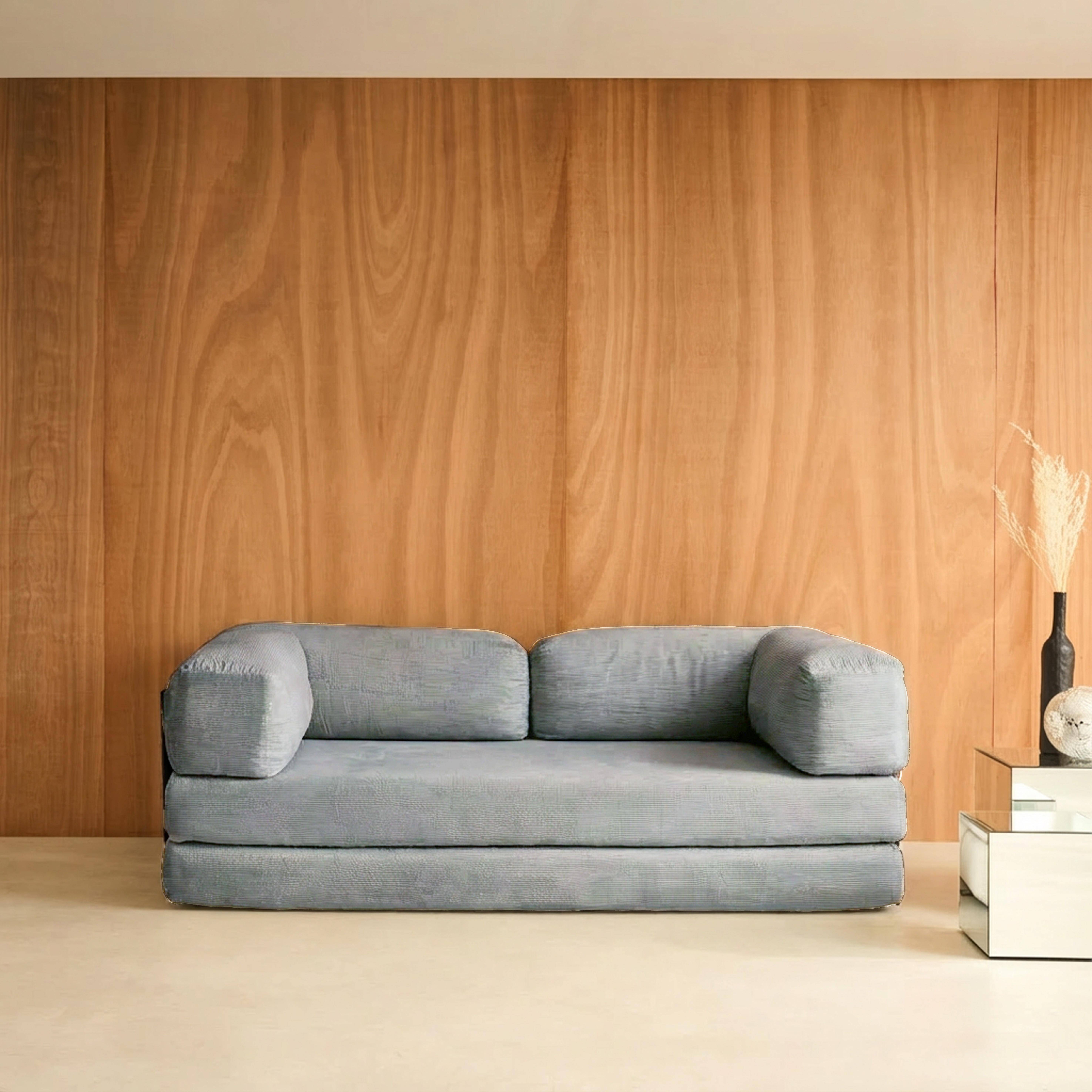 Canapé vintage convertible 3 places en velours côtelé gris clair et armatures chromées L 200 x P 100 x H 72cm - Seventies,sweeek,Photo1