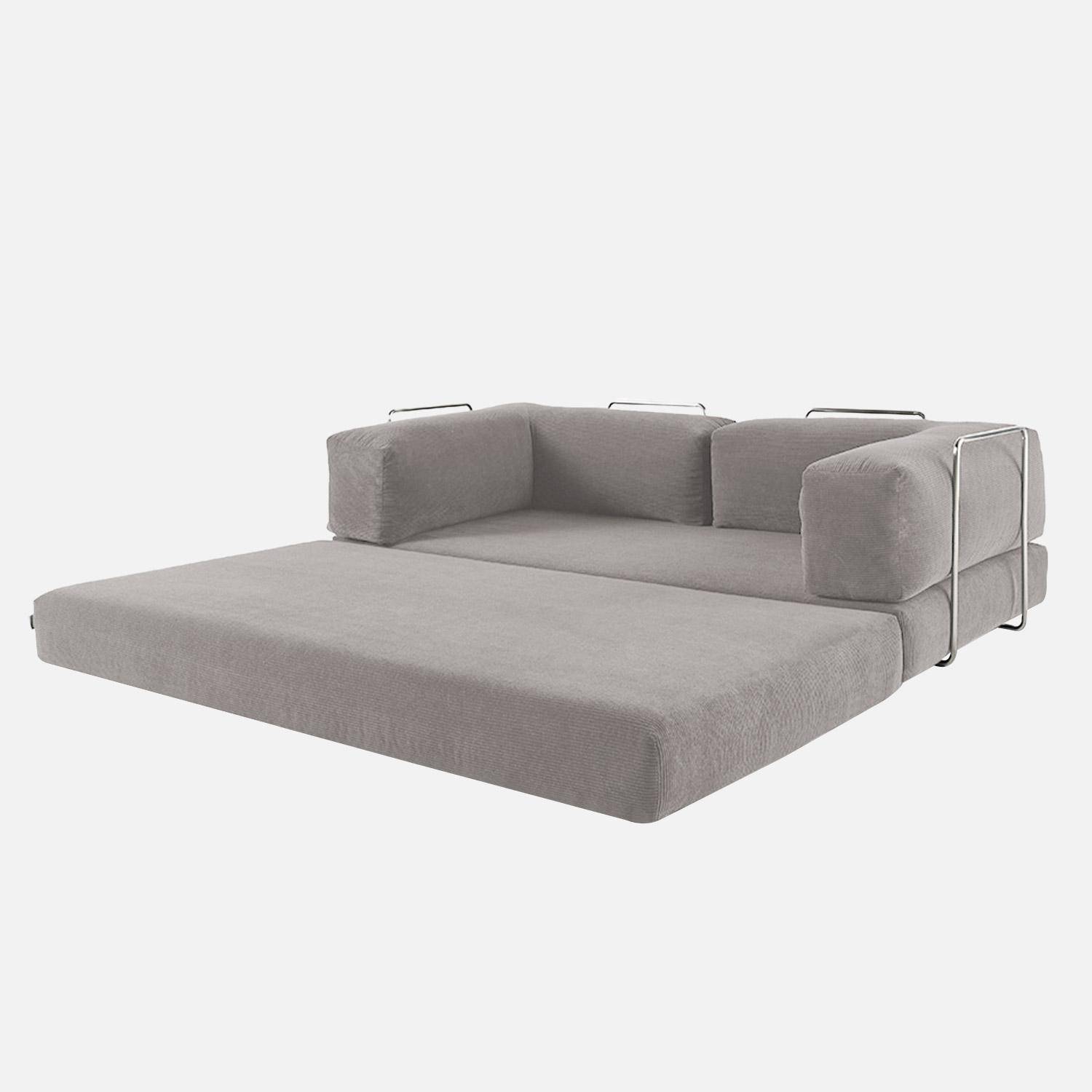 Canapé vintage convertible 3 places en velours côtelé gris clair et armatures chromées L 200 x P 100 x H 72cm - Seventies Photo4