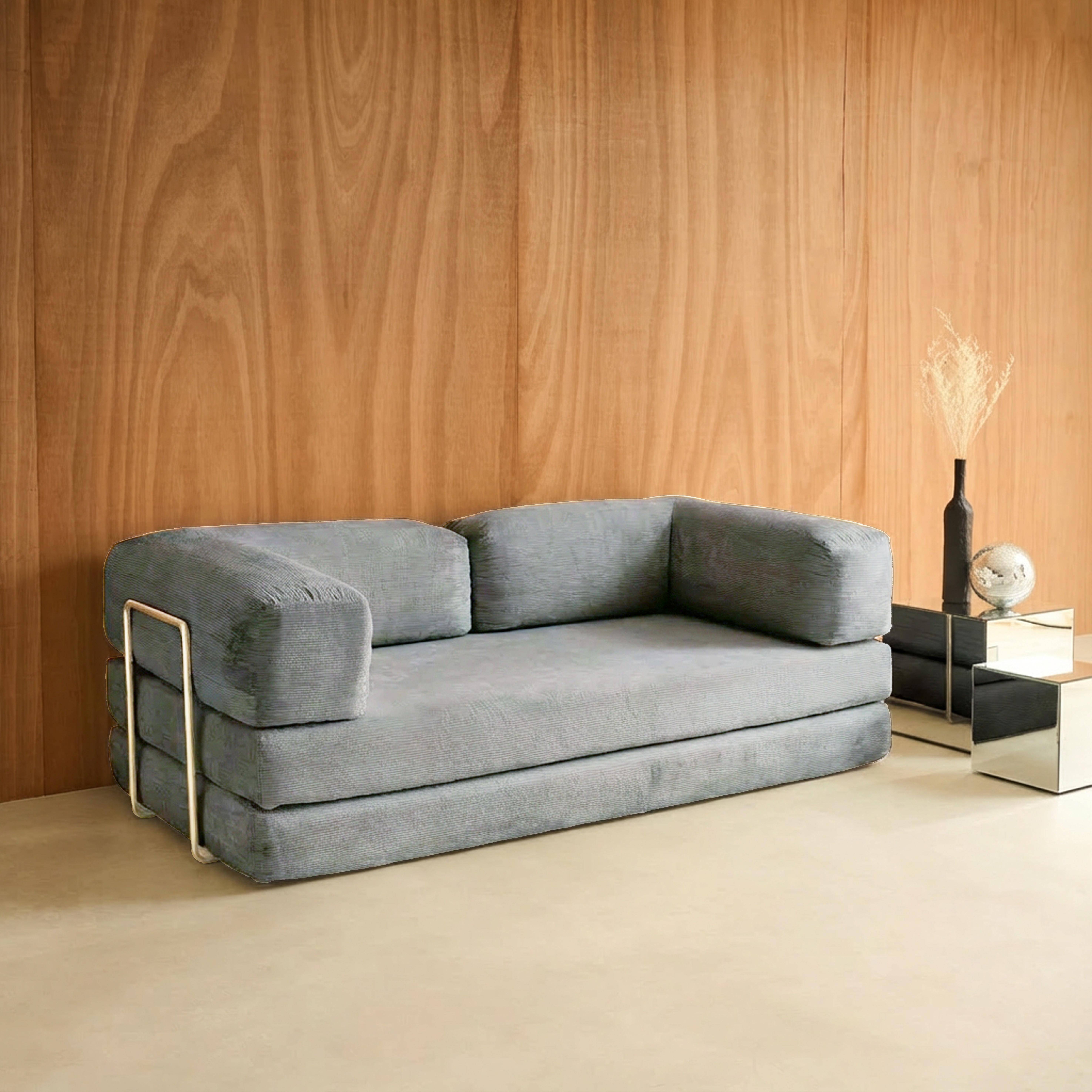 Canapé vintage convertible 3 places en velours côtelé gris clair et armatures chromées L 200 x P 100 x H 72cm - Seventies,sweeek,Photo2