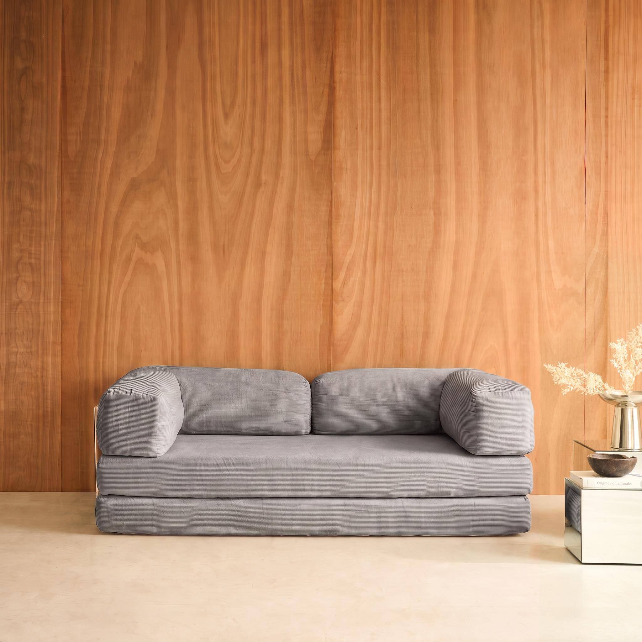 Vintage slaapbank driezits in corduroy met chromen frame lichtgrijs 200x100x72cm - Seventies Photo1