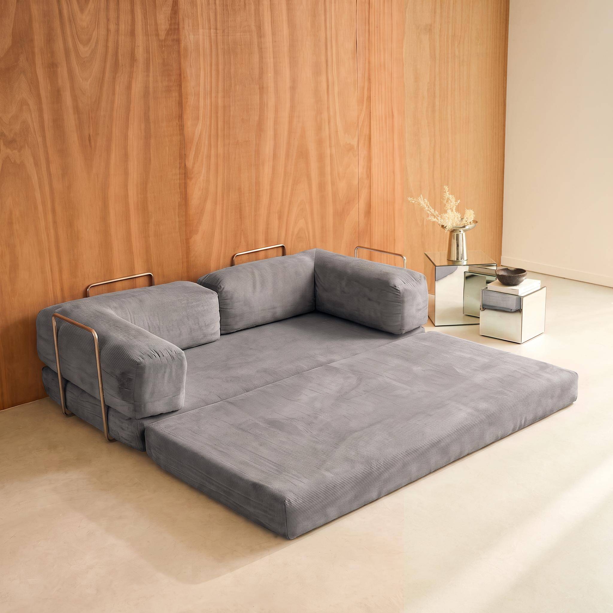 Vintage slaapbank driezits in corduroy met chromen frame lichtgrijs 200x100x72cm - Seventies Photo7