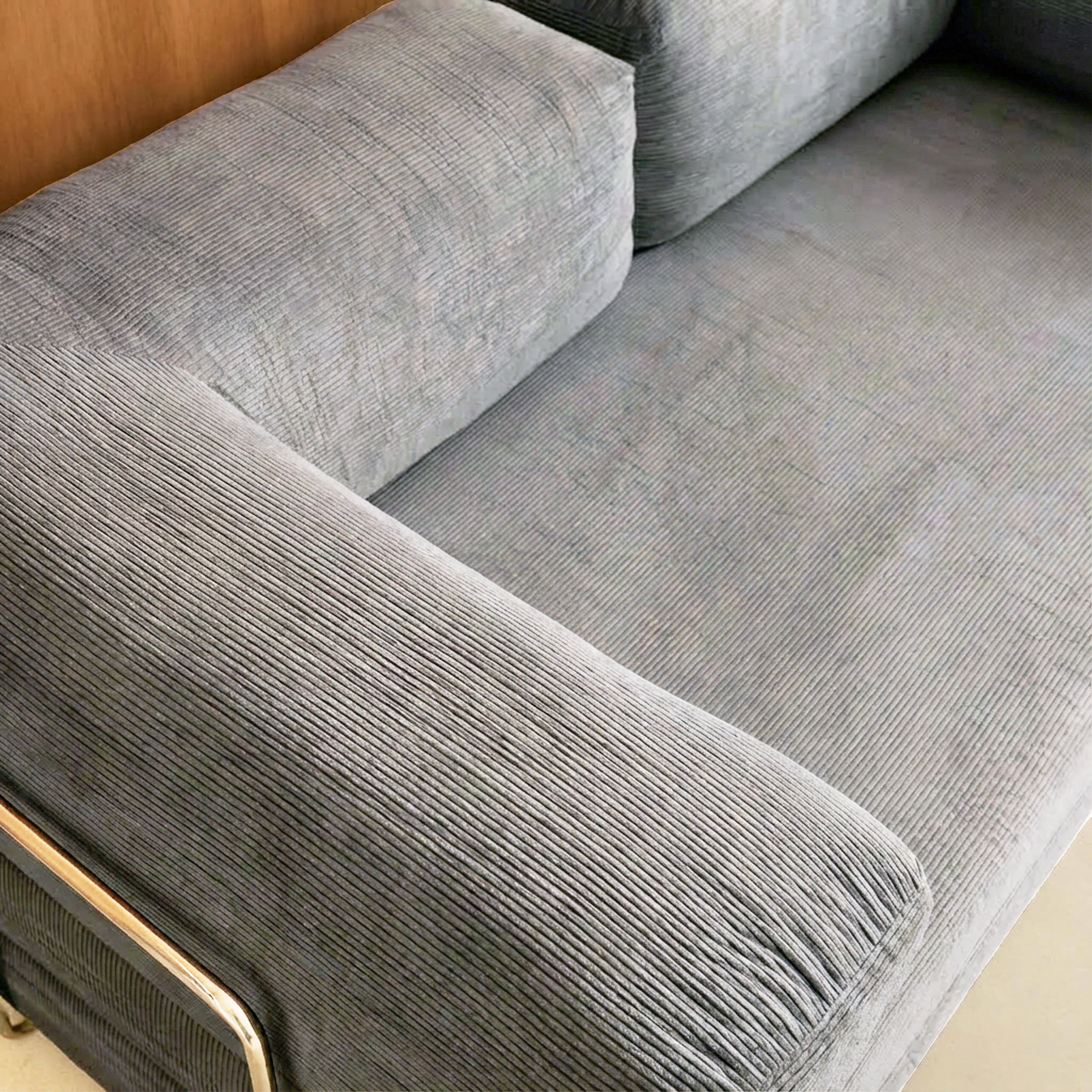 Canapé vintage convertible 3 places en velours côtelé gris clair et armatures chromées L 200 x P 100 x H 72cm - Seventies,sweeek,Photo6