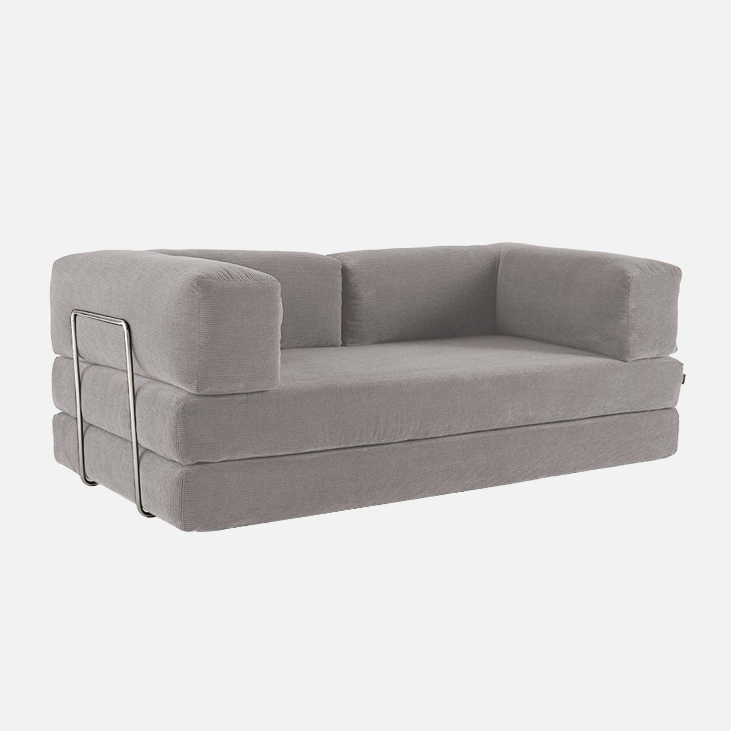 Canapé vintage convertible 3 places en velours côtelé gris clair et armatures chromées L 200 x P 100 x H 72cm - Seventies Photo1