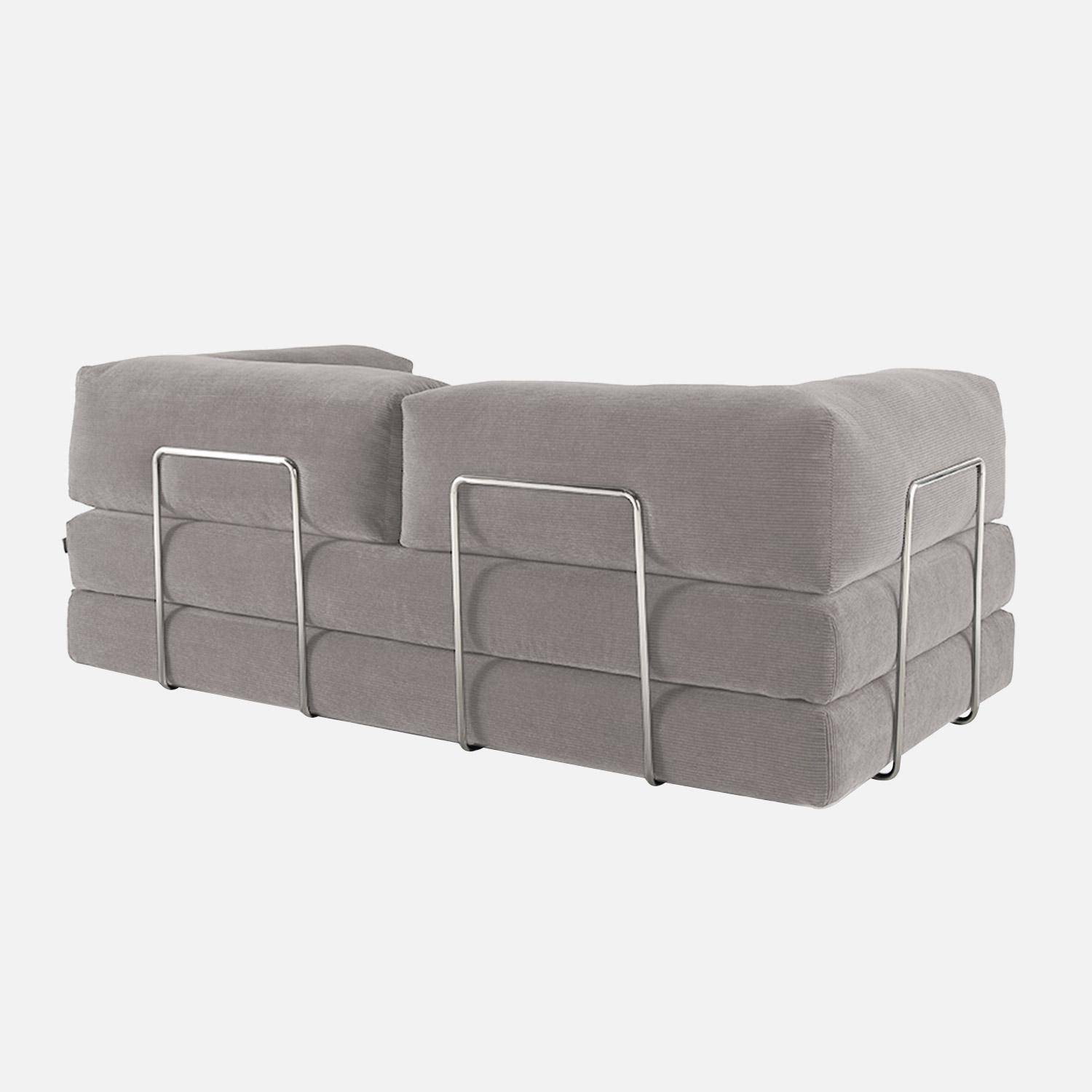 Canapé vintage convertible 3 places en velours côtelé gris clair et armatures chromées L 200 x P 100 x H 72cm - Seventies Photo3