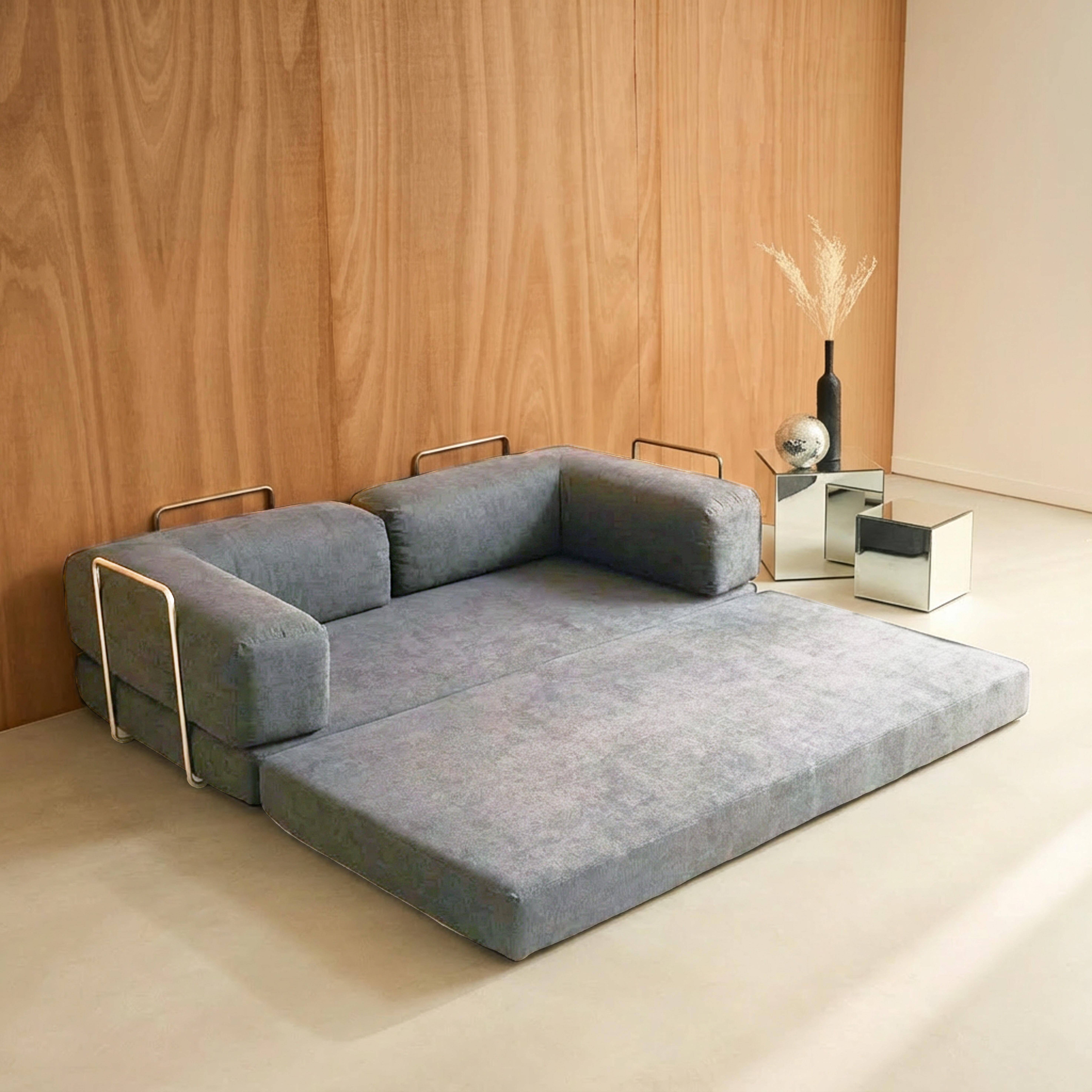 Canapé vintage convertible 3 places en velours côtelé gris clair et armatures chromées L 200 x P 100 x H 72cm - Seventies Photo7