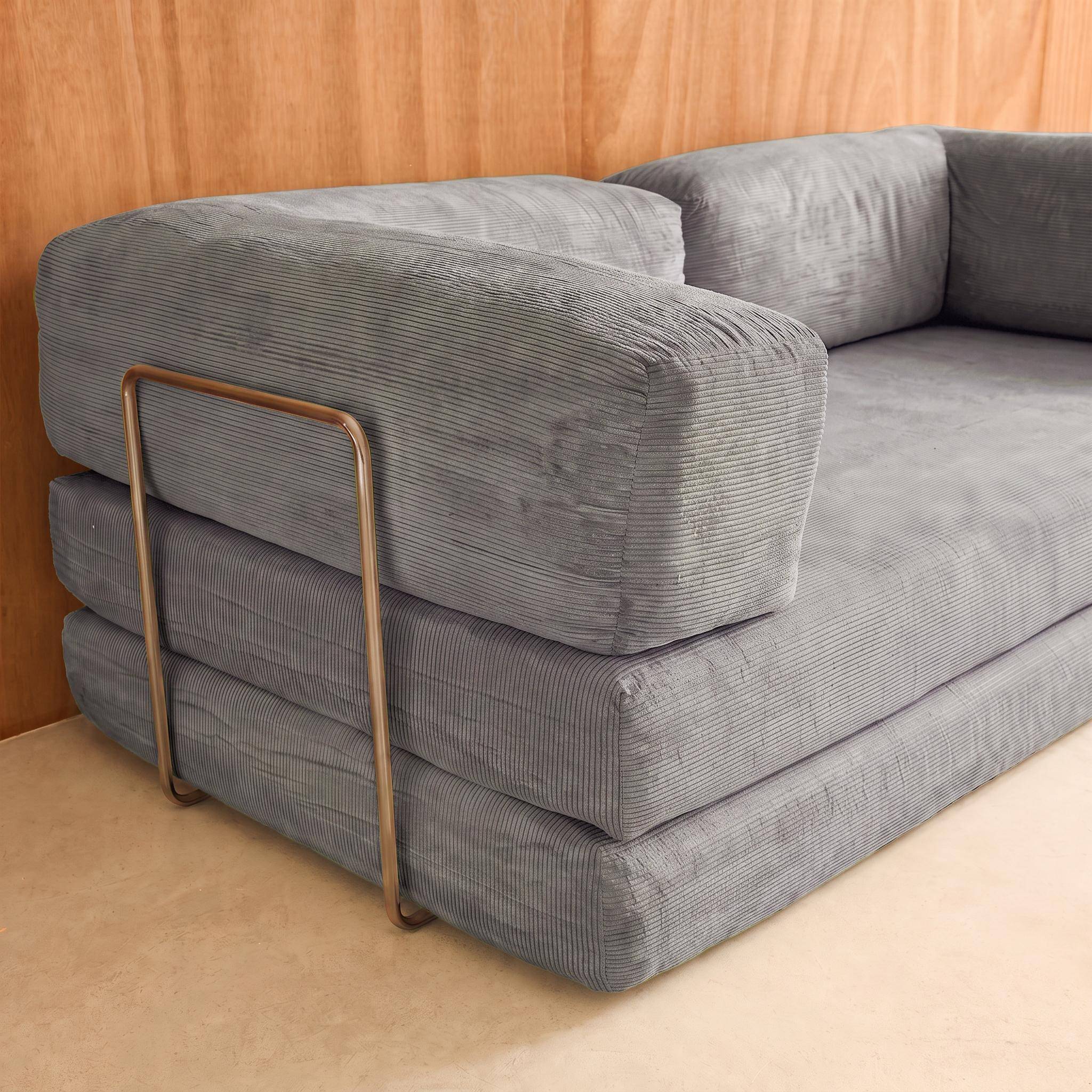 Vintage slaapbank driezits in corduroy met chromen frame lichtgrijs 200x100x72cm - Seventies Photo5