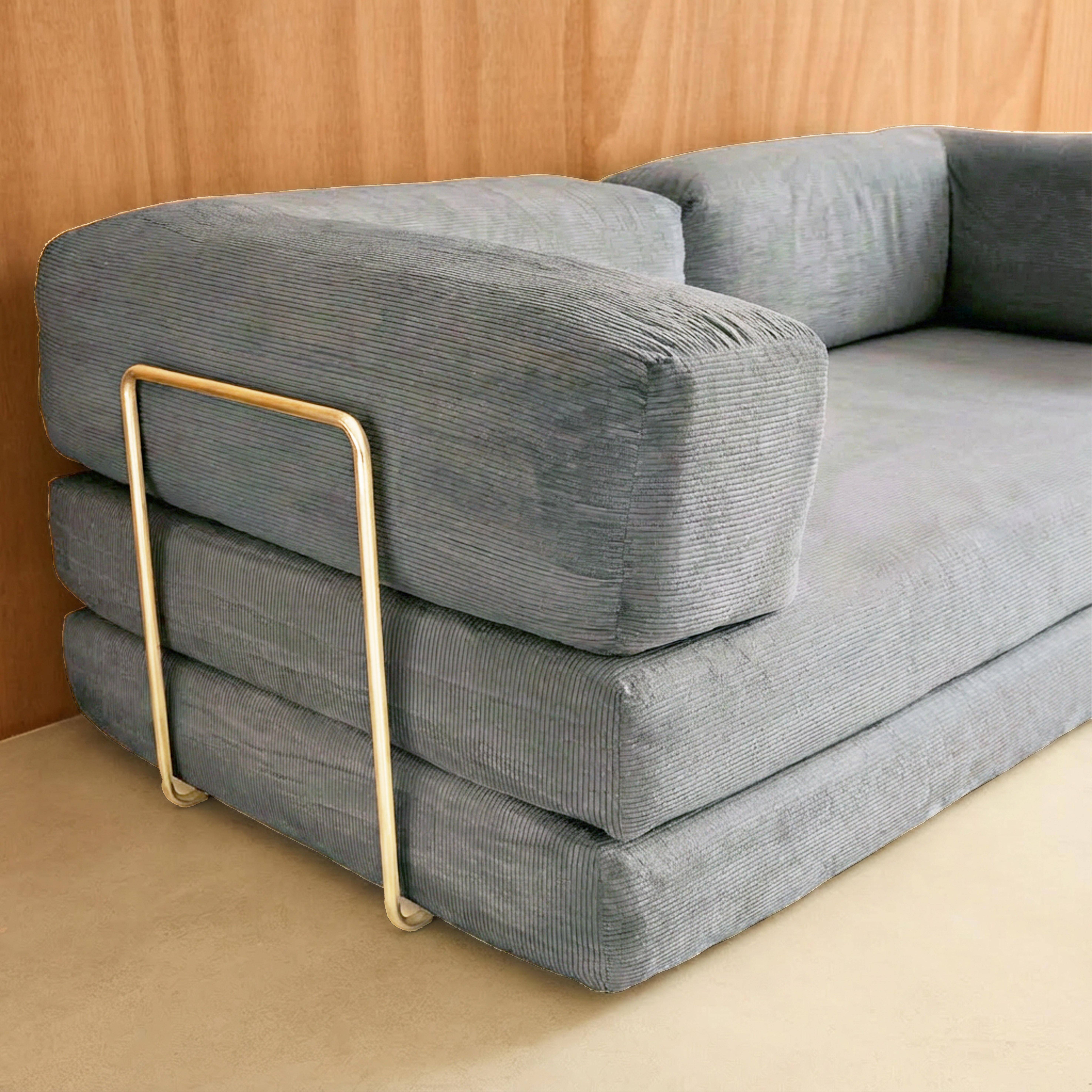 Canapé vintage convertible 3 places en velours côtelé gris clair et armatures chromées L 200 x P 100 x H 72cm - Seventies Photo5