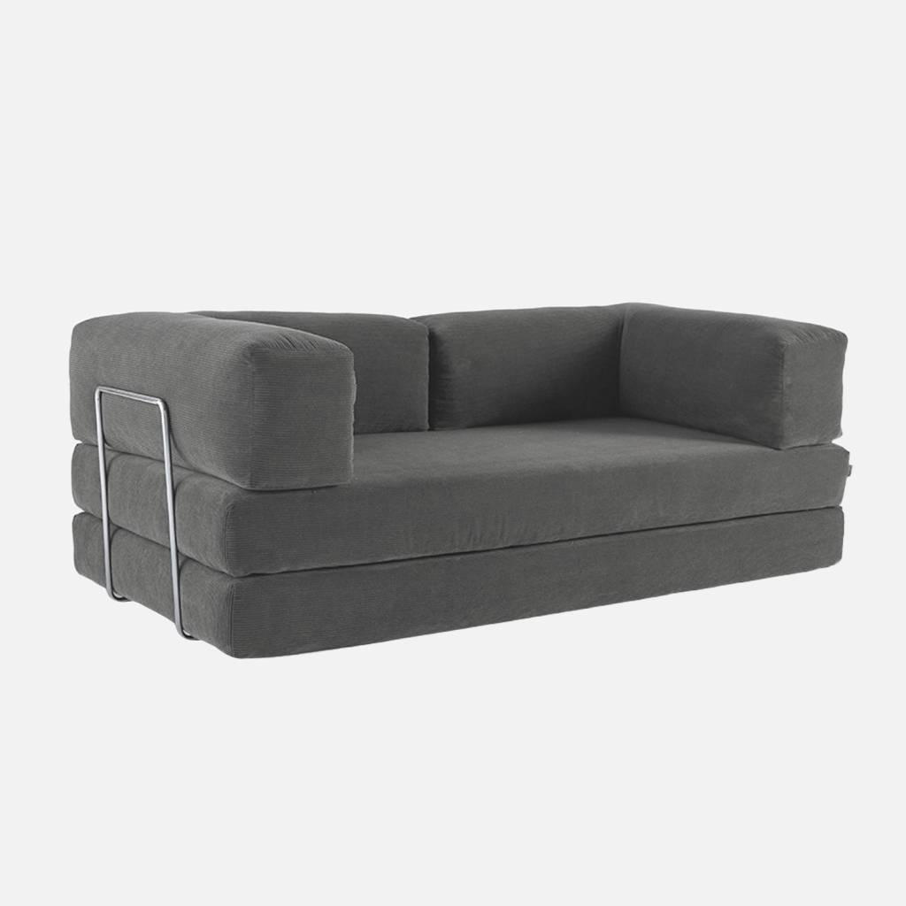 Canapé vintage convertible 3 places velours côtelé gris et armatures chromées