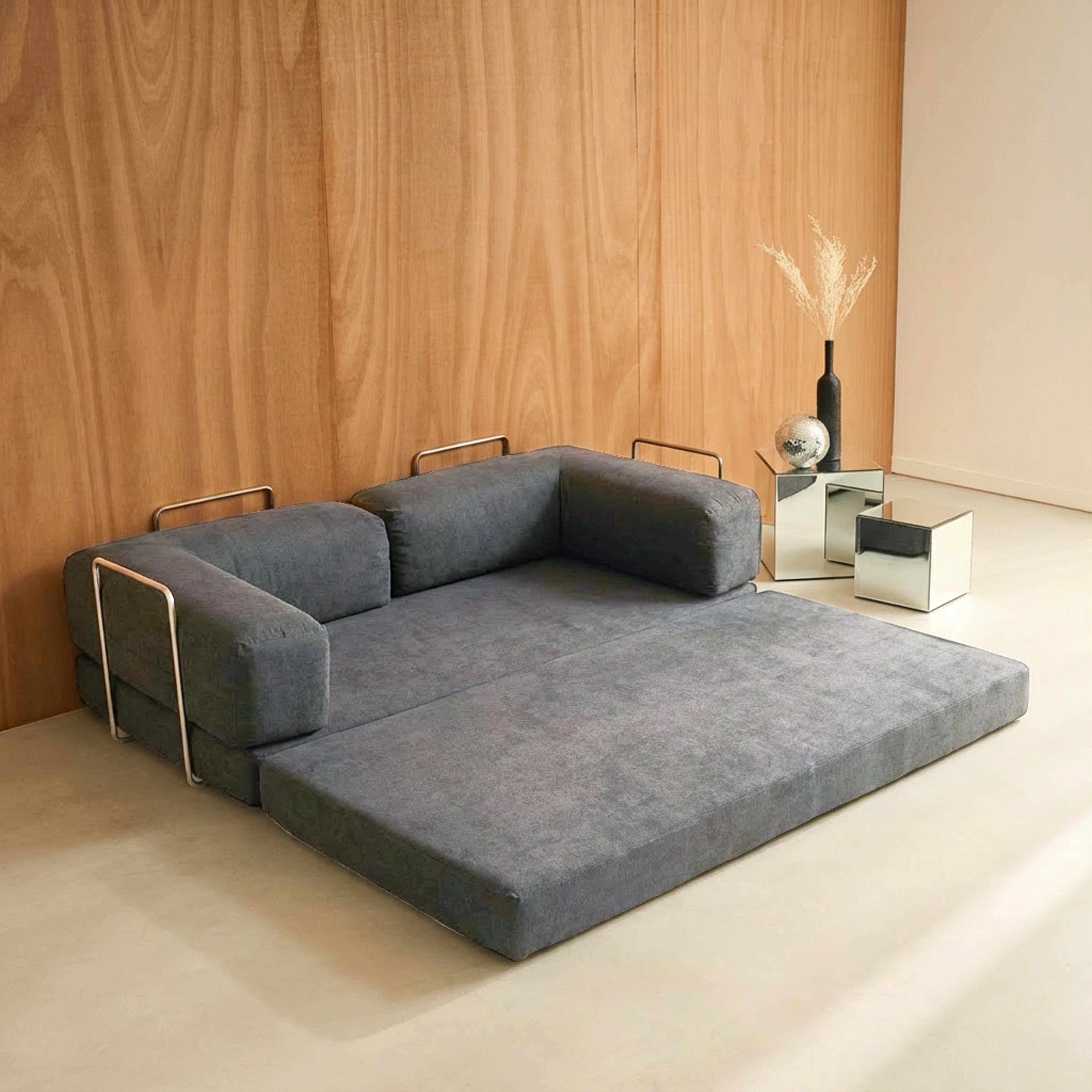 Canapé vintage convertible 3 places en velours côtelé gris et armatures chromées L 200 x P 100 x H 72cm - Seventies Photo7