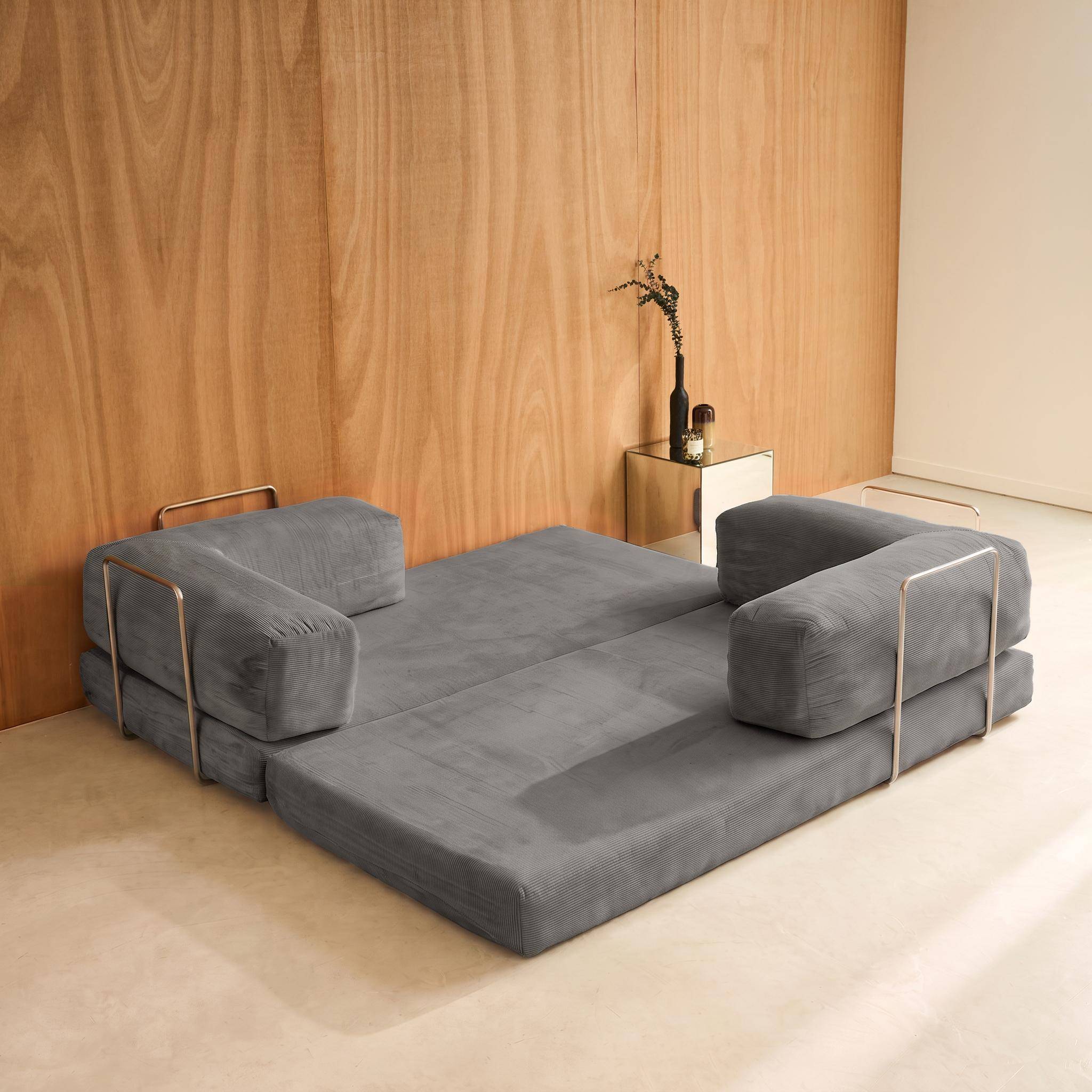 Vintage slaapbank driezits in corduroy met chromen frame grijs 200x100x72cm - Seventies Photo8